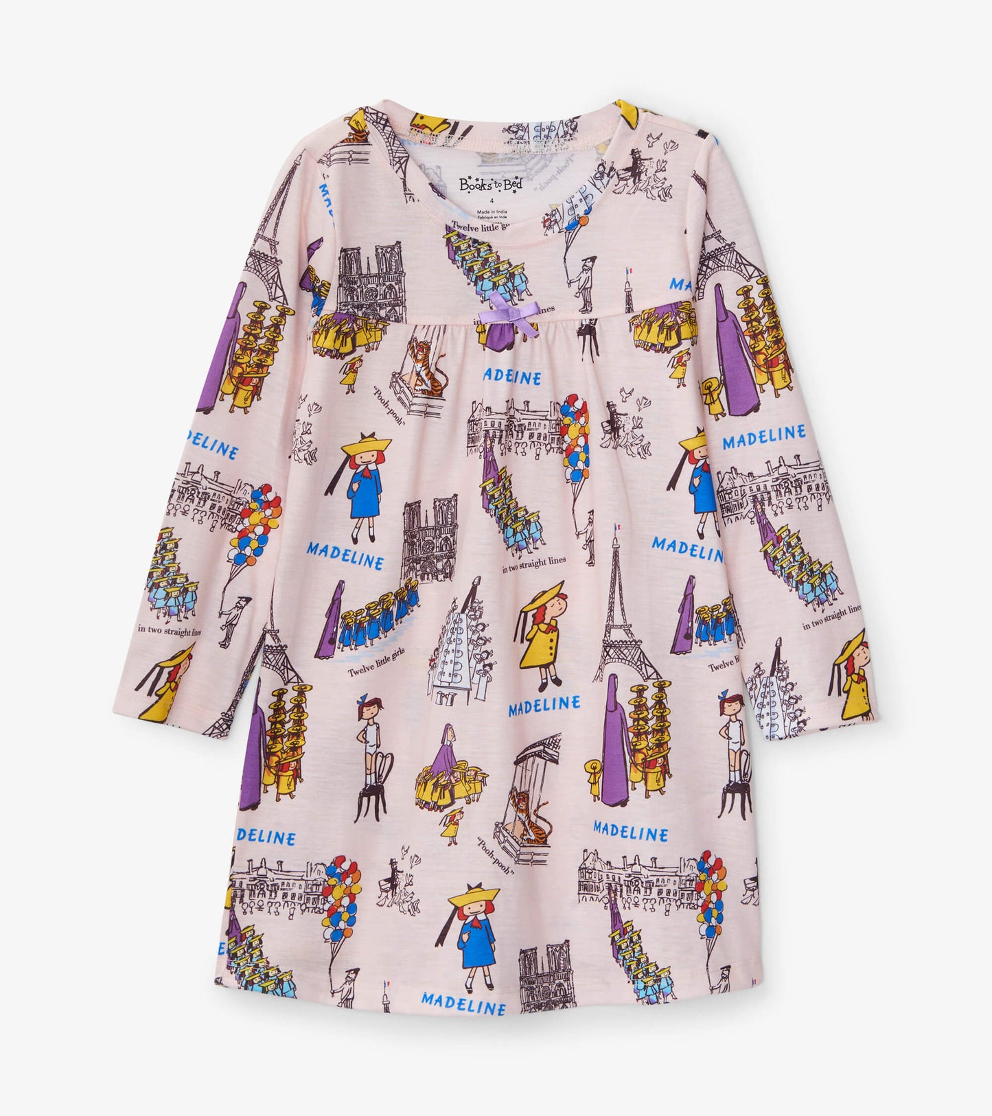 Long-sleeve nightdress in soft pink with colorful Madeline illustrations and a gathered waist for a playful look.