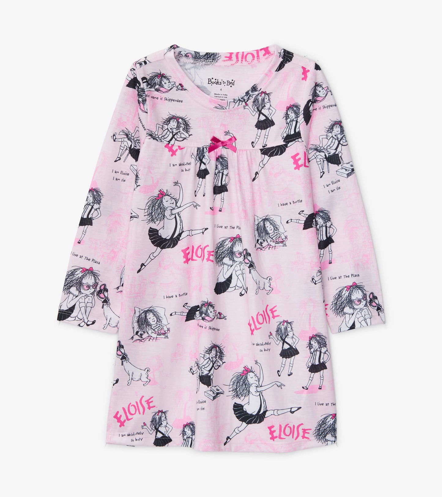 Pink long-sleeve nightdress featuring playful black illustrations of a girl and dog, with a bow detail at the neckline.
