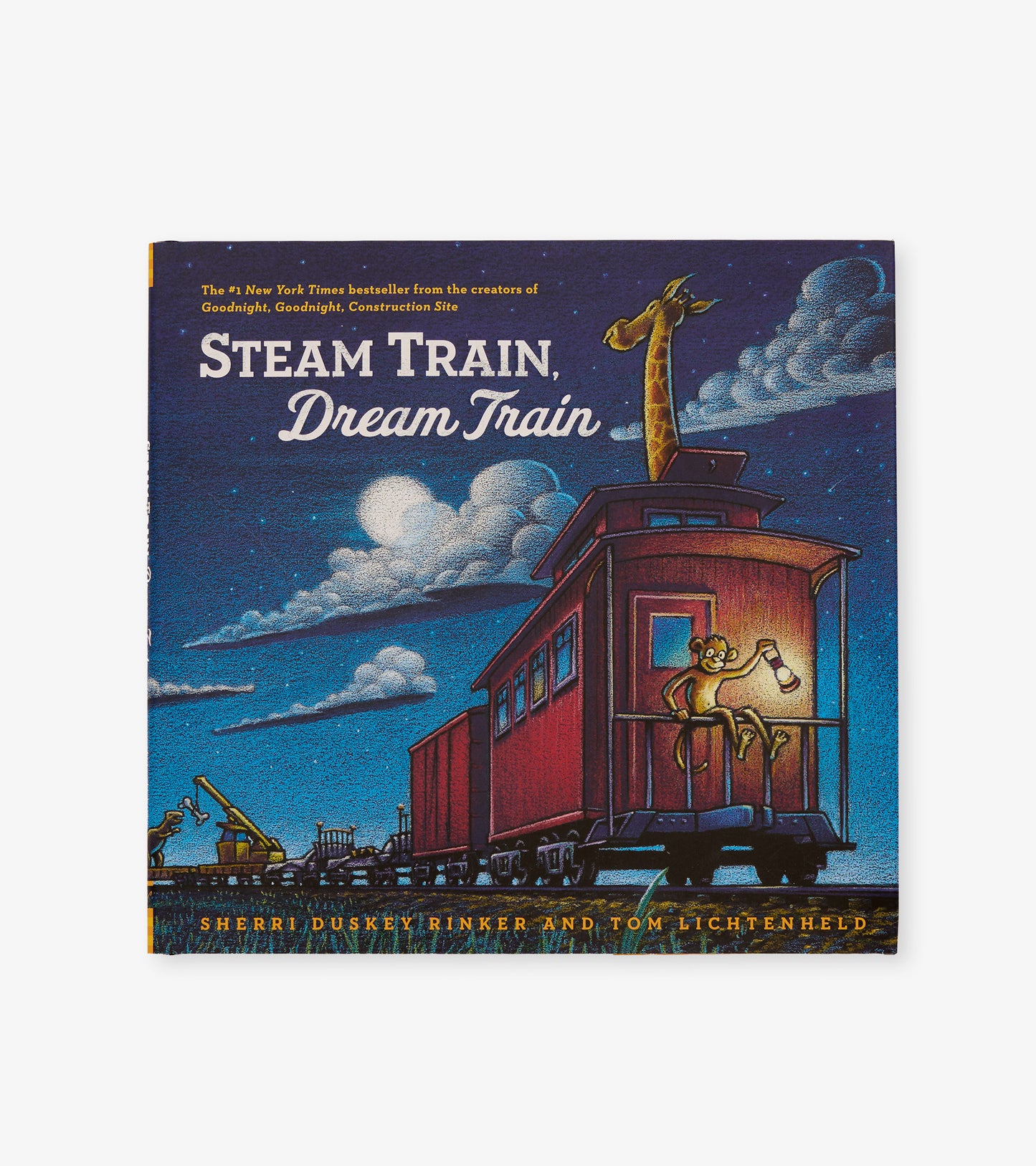 Colorful children's book cover featuring a steam train with a giraffe and monkey under a night sky.