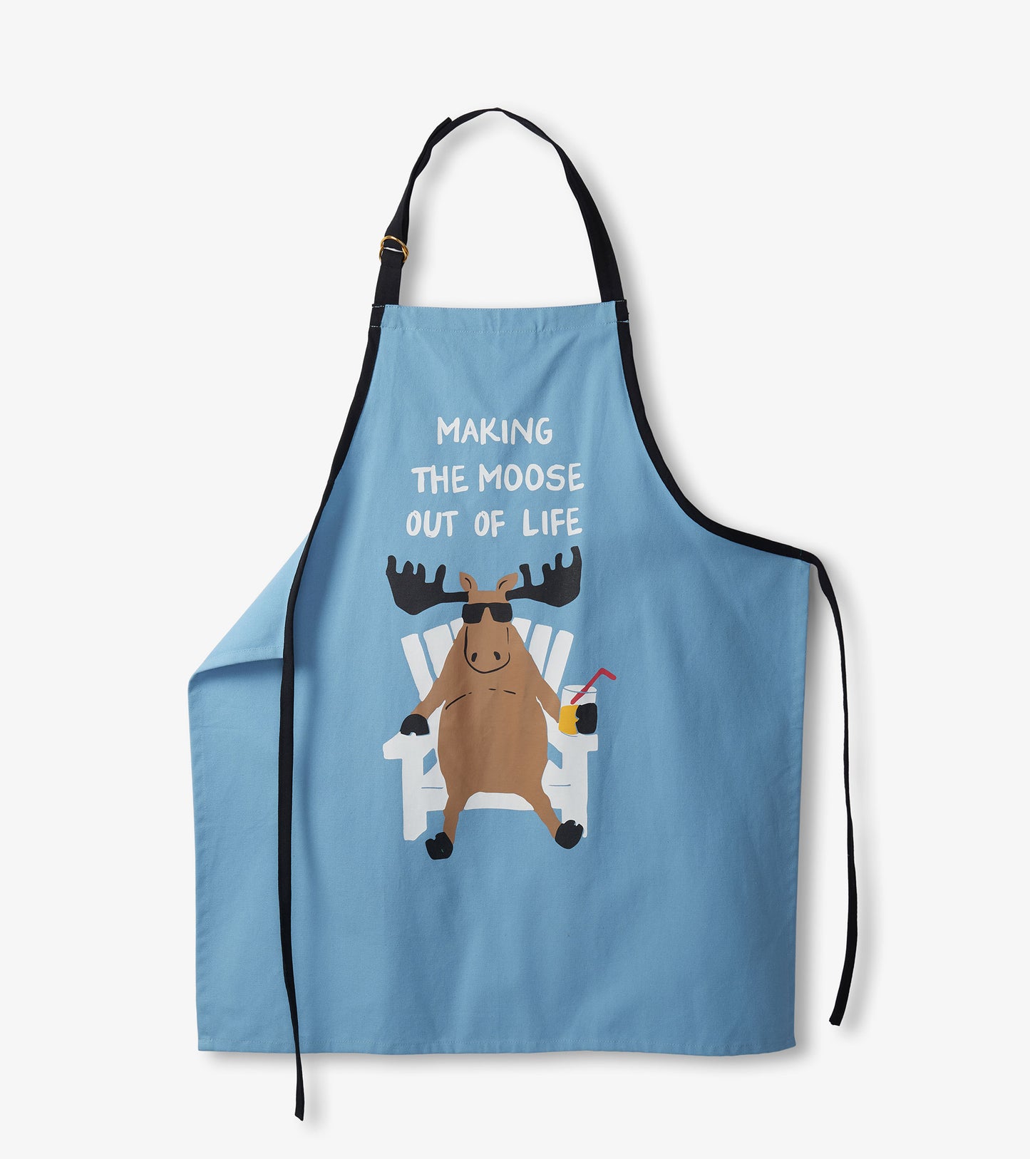 Light blue apron featuring a cartoon moose in sunglasses sitting in a chair, with text above. One size, with black straps.