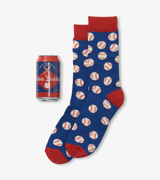Blue socks with red accents, featuring a baseball pattern, alongside a beer can for scale.