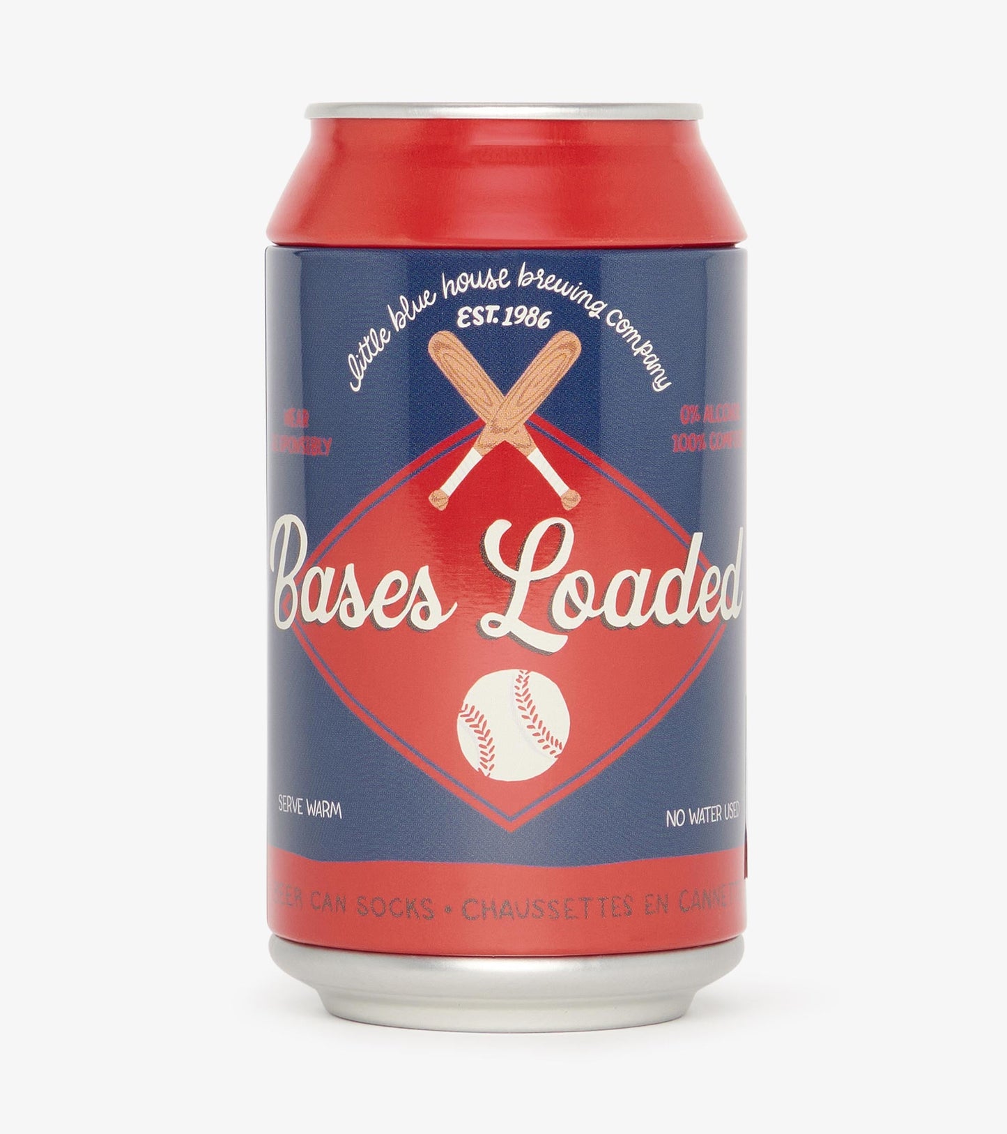 Red and blue beer can-shaped socks featuring baseball graphics and "Bases Loaded" text. One size fits most.