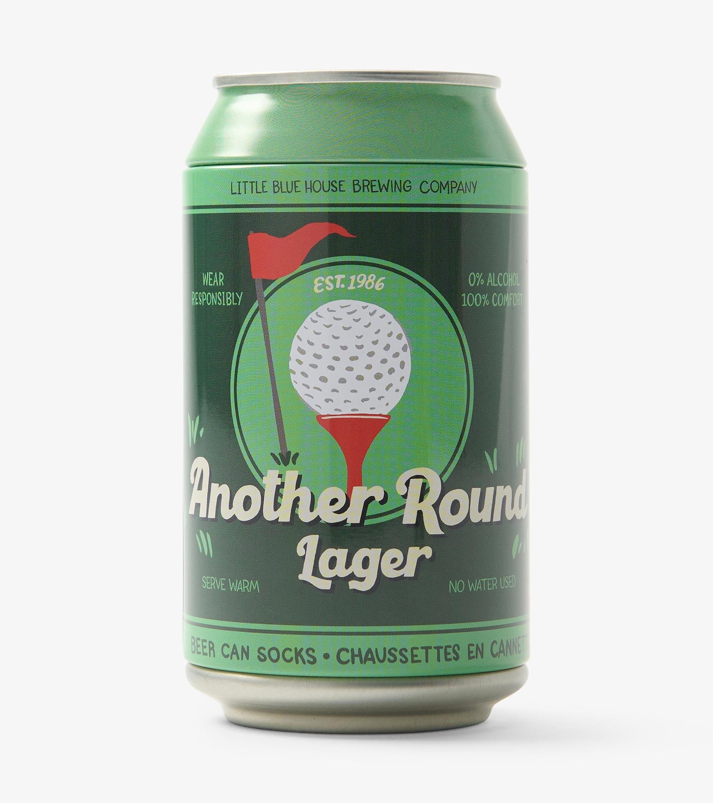 Green beer can design featuring a golf ball and flag, labeled "Another Round Lager," with playful text and graphics.
