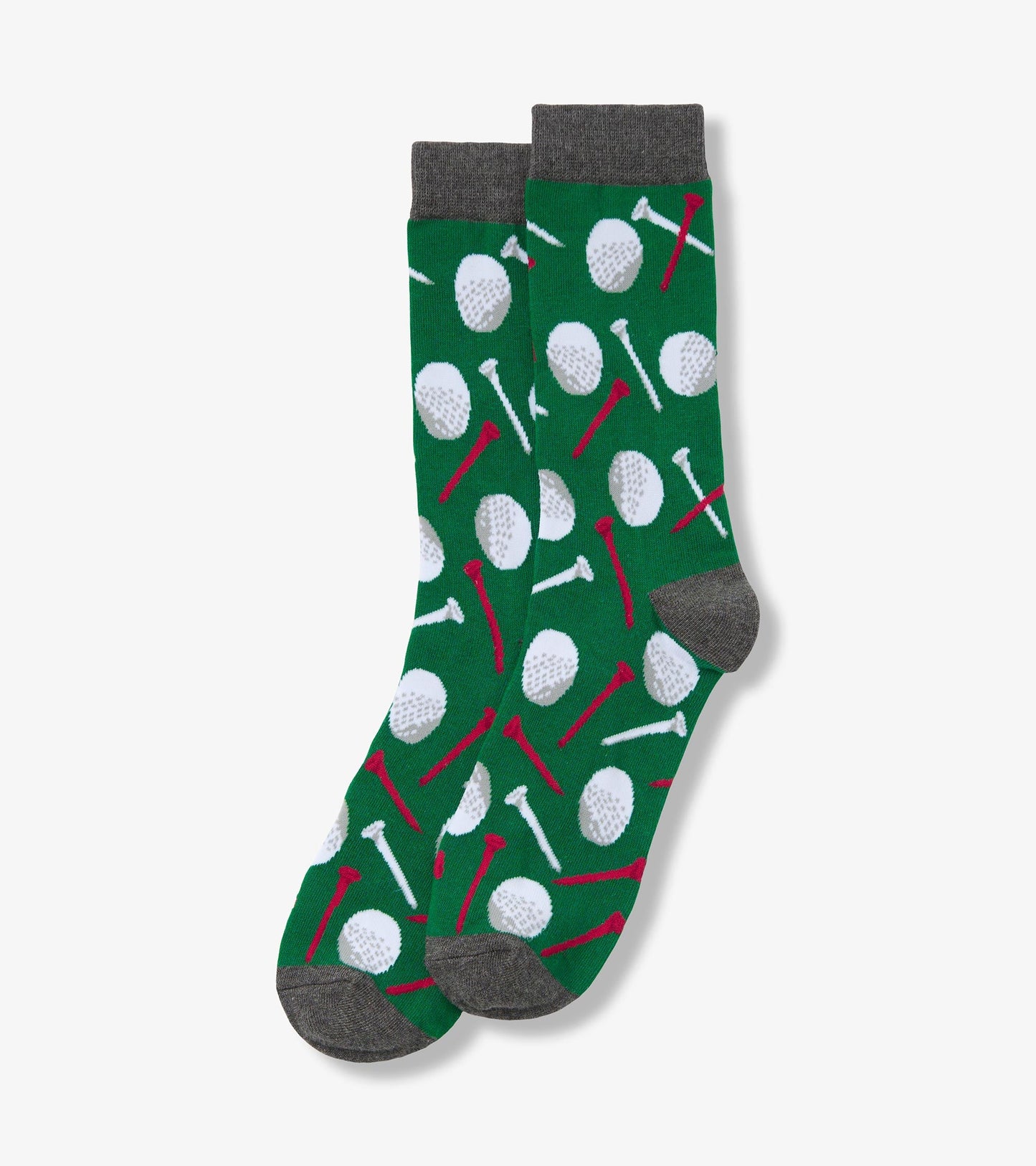 Green socks featuring a pattern of white golf balls and red tees, with a gray cuff and toe.