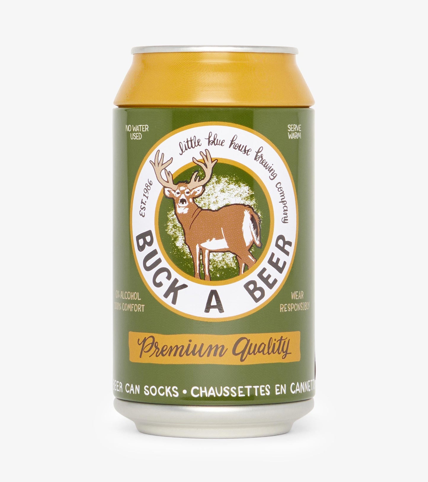 Green beer can design featuring a deer graphic and text, representing men's socks with a fun, playful theme.