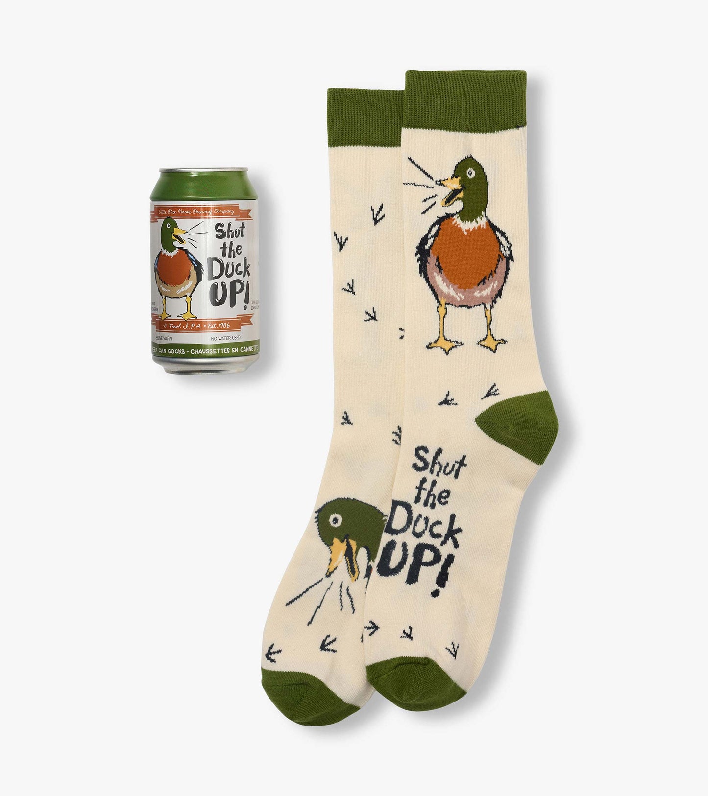 Cream crew socks with green cuffs, heels and toes, duck pattern, and matching beer can packaging
