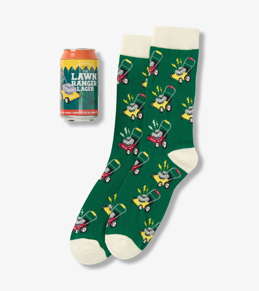 Green socks featuring a playful lawn mower pattern, with cream-colored cuffs and toes, alongside a beer can.