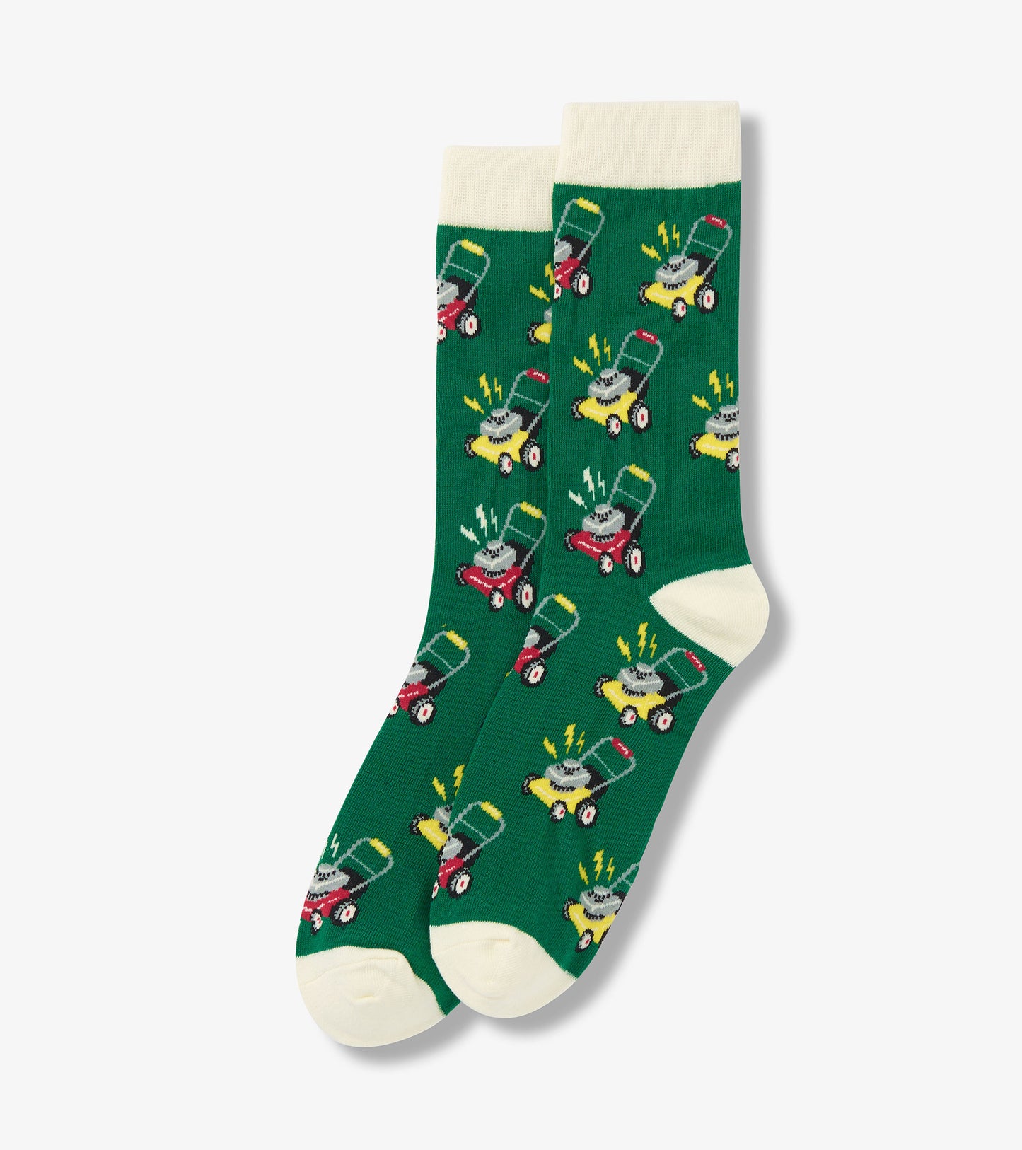 Green socks featuring a playful lawn mower pattern with yellow and red accents, finished with a cream-colored cuff.