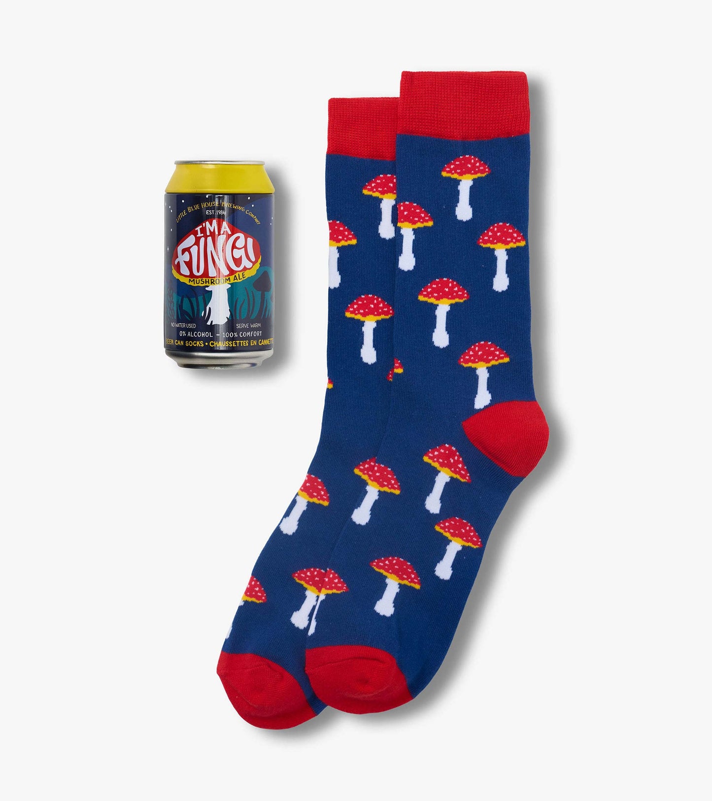 Blue crew socks with red cuffs, heels and toes, printed with red-and-white mushrooms, beside a matching can package
