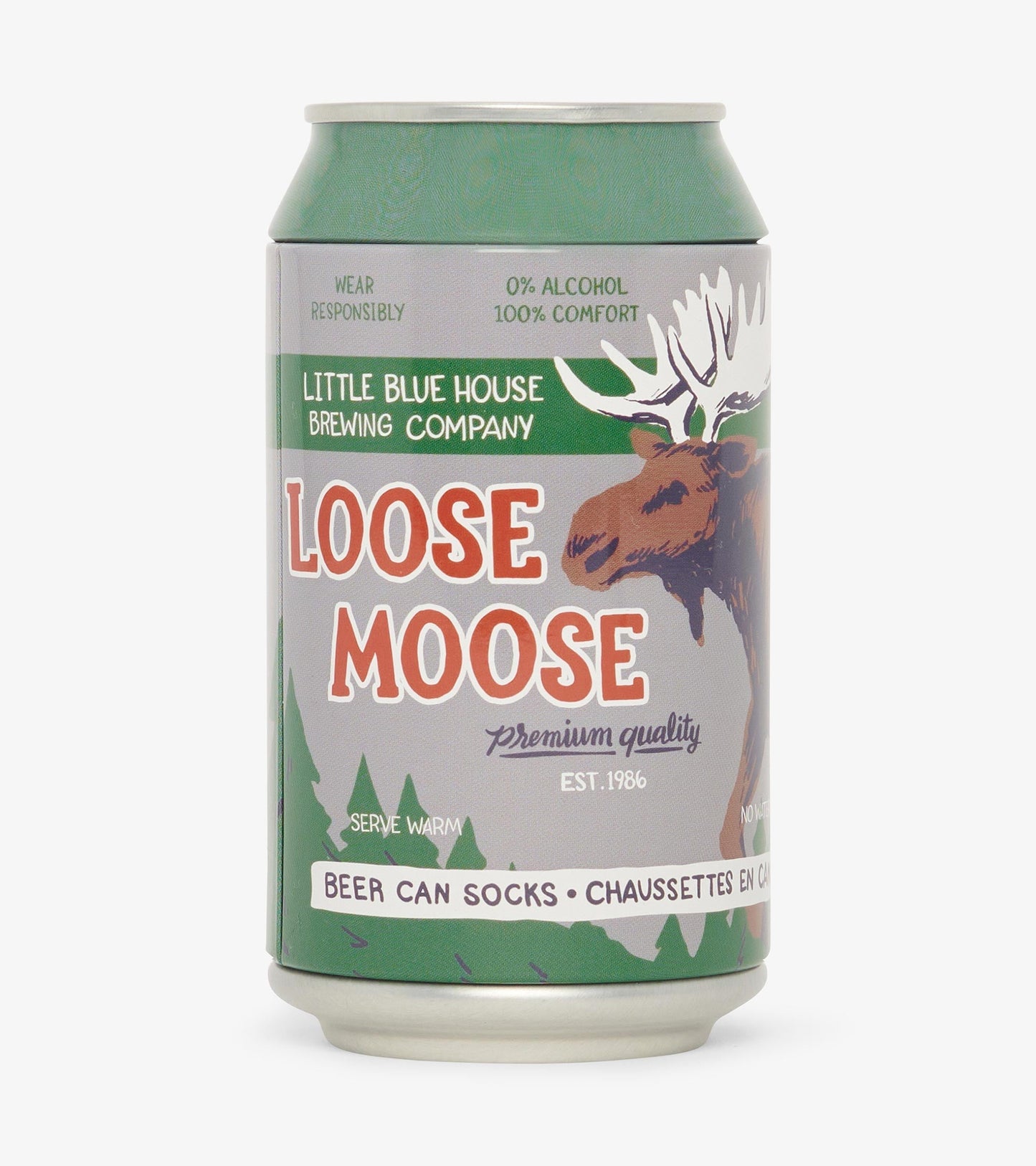 Green beer can design featuring a moose graphic, labeled "Loose Moose," with text about comfort and serving warm.