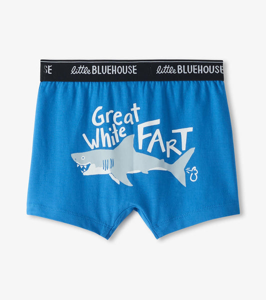 Blue boxer briefs featuring a shark graphic and the text "Great White FART" on the front.
