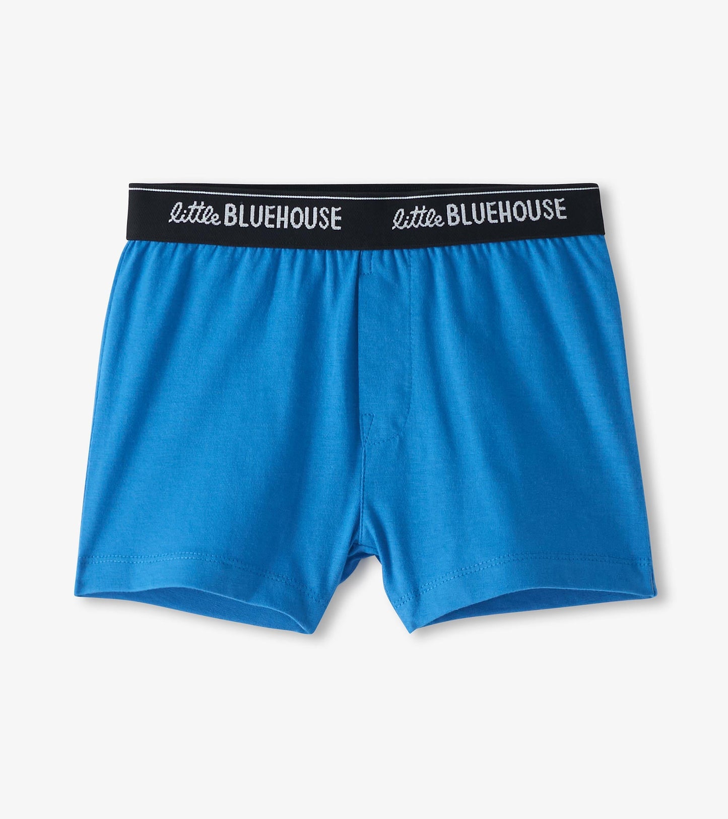 Blue boxer briefs with a black waistband, featuring a soft, stretchy fabric for comfort.