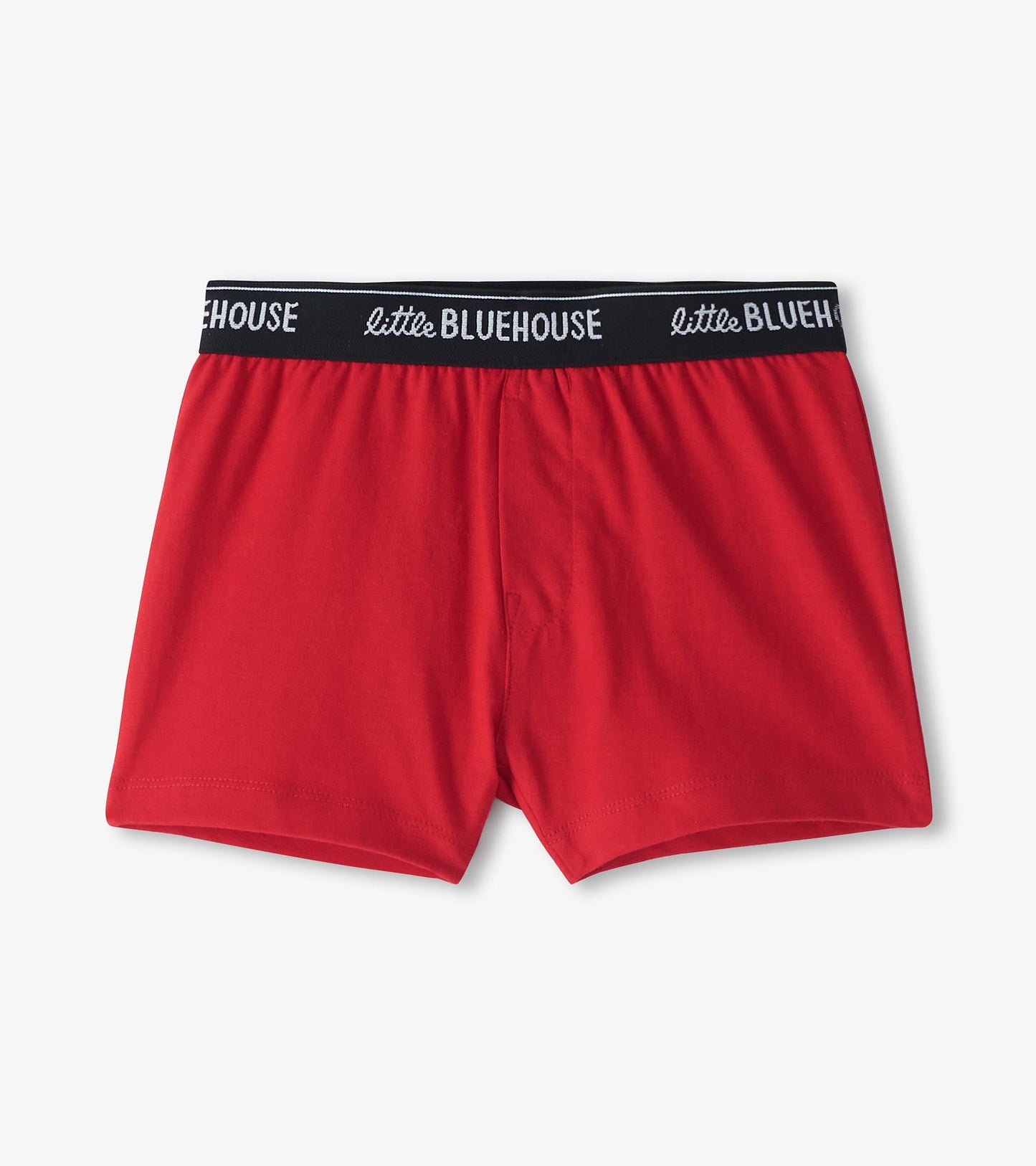 Red boys' boxer briefs with a black waistband featuring white text, made from soft, stretchy material.