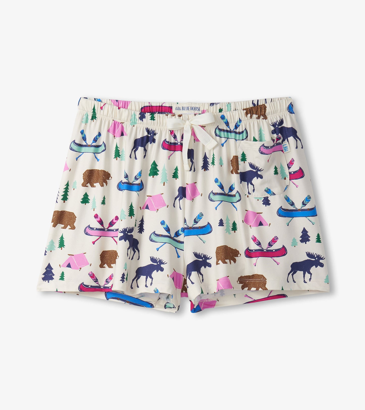 Cream pajama shorts featuring a colorful camping and wildlife pattern with bears, moose, canoes, and trees.