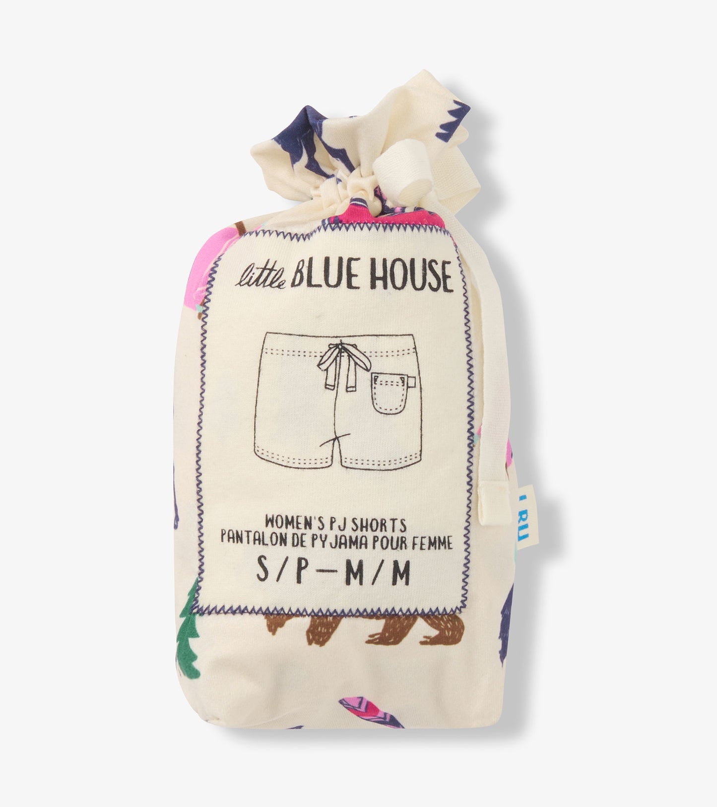 Cream-colored pajama shorts bag featuring a playful animal print and a drawstring closure. Size options displayed.