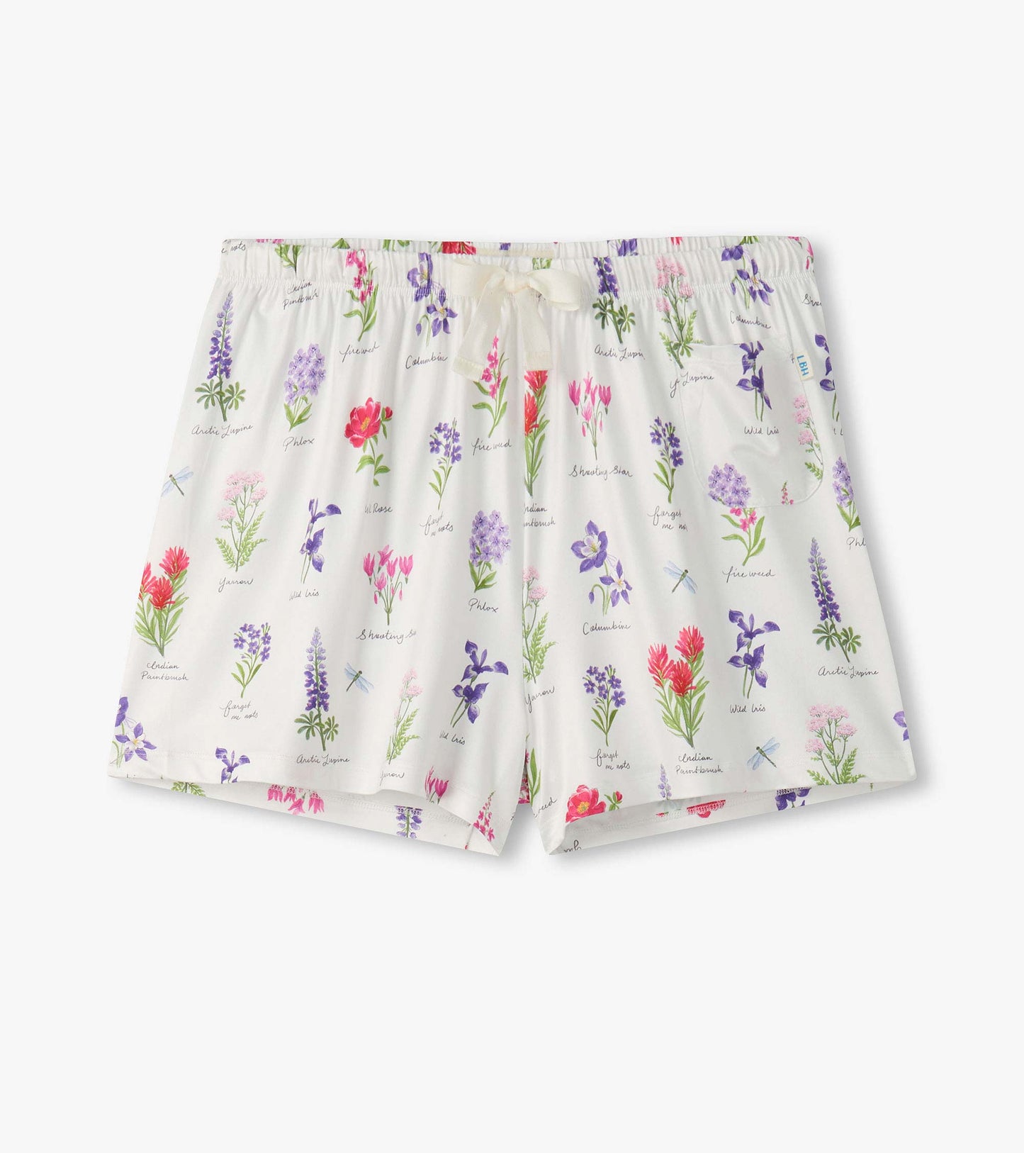 White pajama shorts with colorful wildflower print, elastic waistband, and drawstring front view