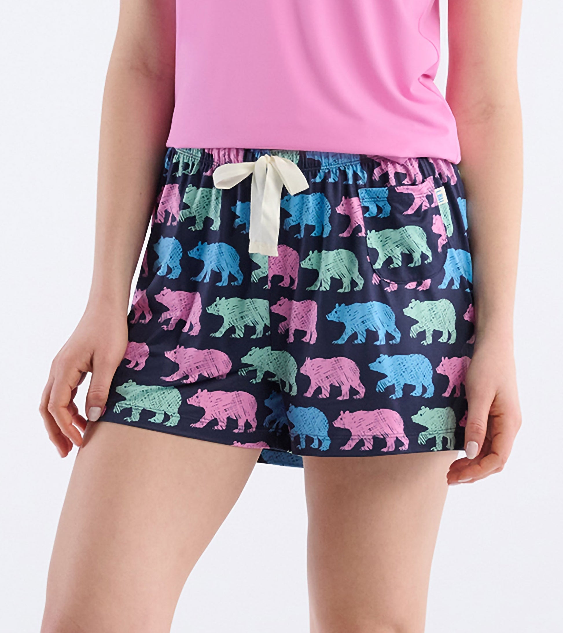 Navy pajama shorts featuring colorful bear patterns and a drawstring waistband, ideal for casual lounging.