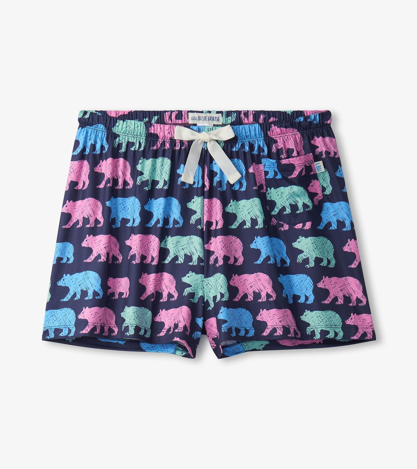 Navy pajama shorts featuring colorful bear patterns in pink, blue, and green, with an elastic waistband and drawstring.