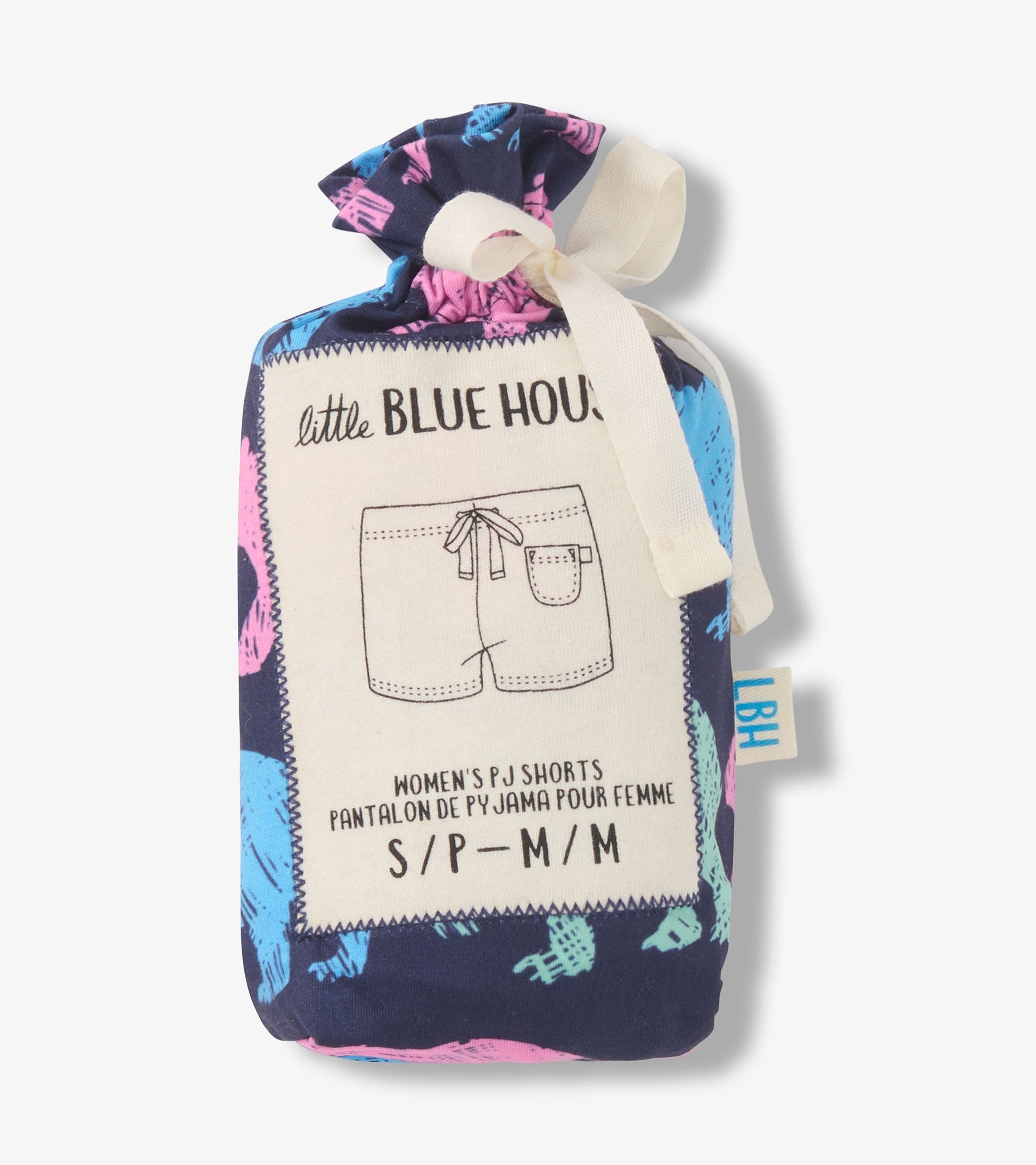 Navy pajama shorts with colorful bear print, featuring a drawstring waist and side pocket, packaged in a tied fabric bag.