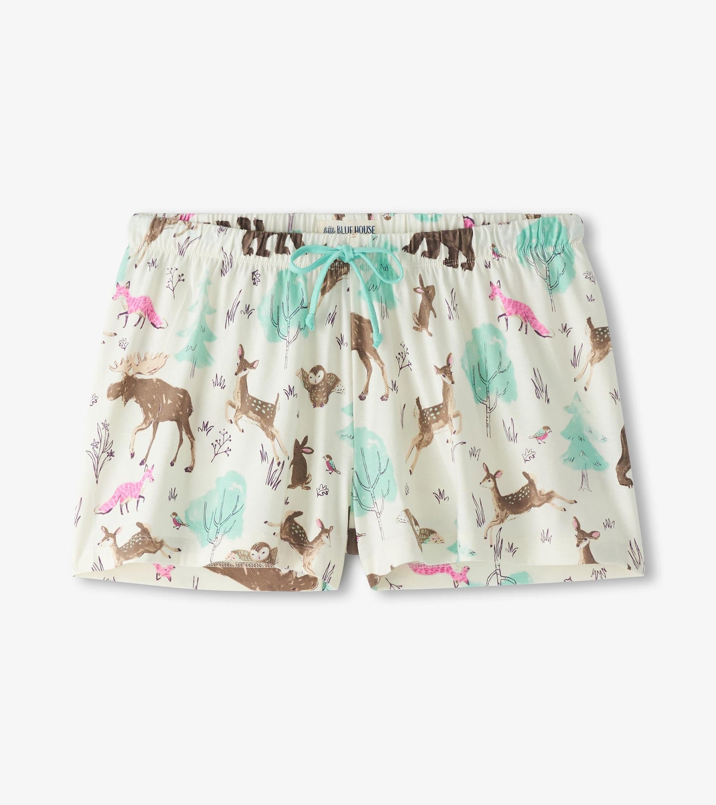 Cotton pajama shorts featuring a playful forest animal print in soft pastel colors with an elastic waistband and drawstring.