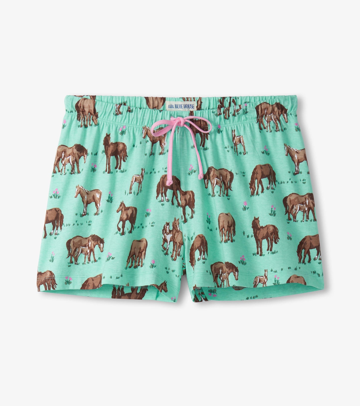 Mint green cotton pajama shorts featuring a playful horse print and a pink drawstring waistband.