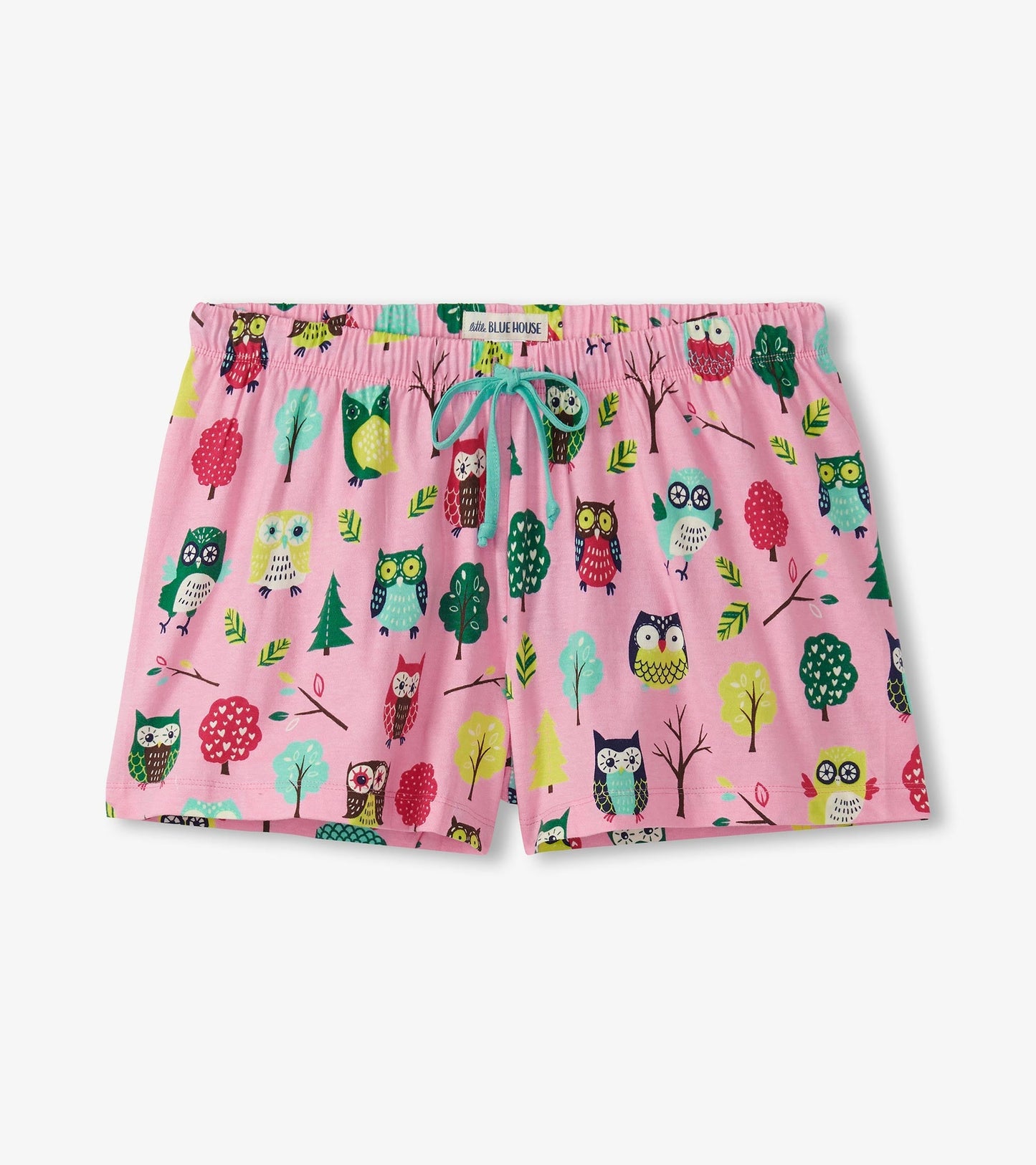 Pink cotton sleep shorts featuring a colorful owl and tree pattern, with an elastic waistband and drawstring.