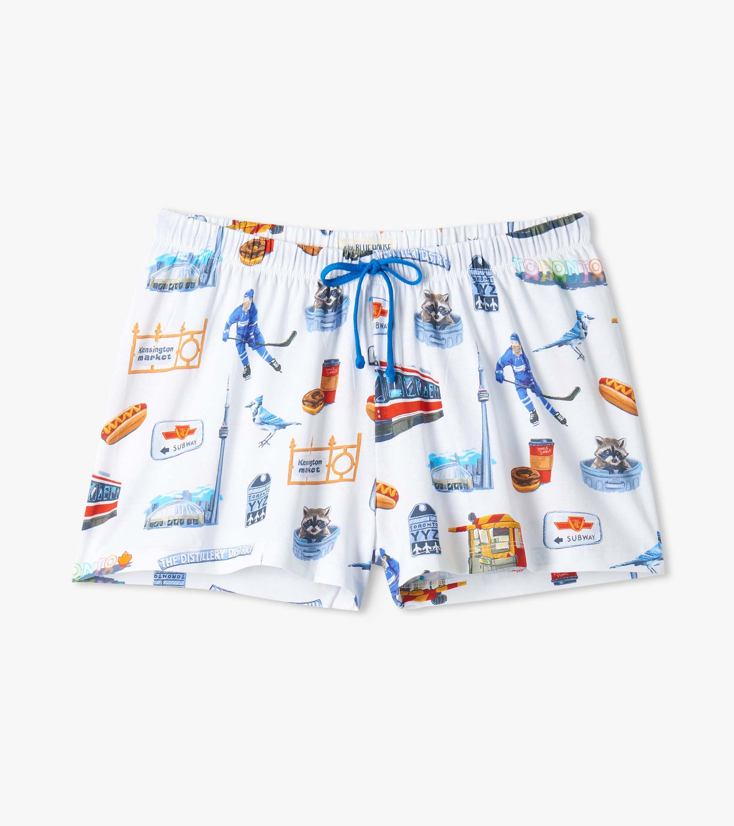 White Toronto boxers laid flat with blue drawstring and print of CN Tower, streetcar, signs and raccoons