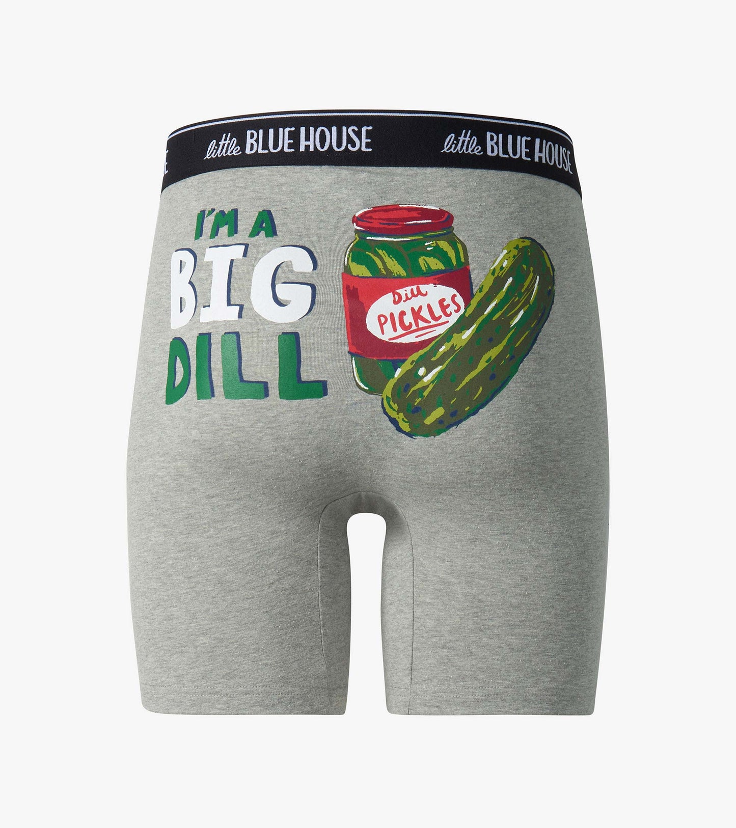 Gray boxer briefs with black waistband, “Big Dill” pickle jar and cucumber graphic, front view