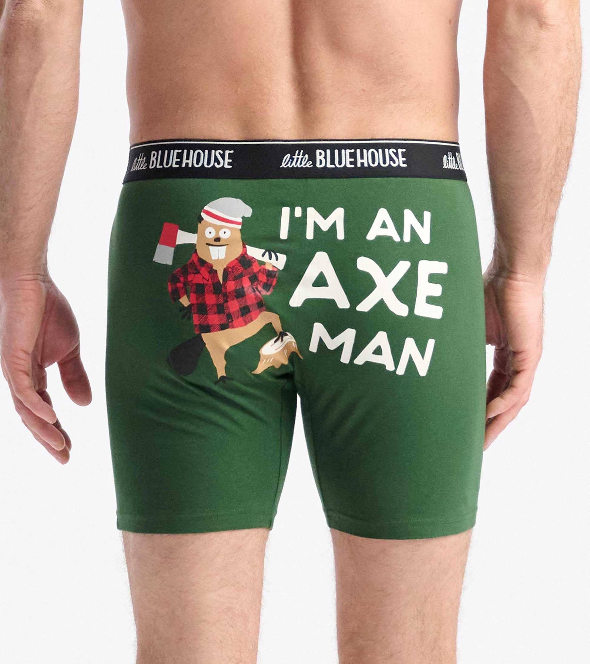 Green boxer briefs featuring a cartoon beaver in a flannel shirt with the text "I'M AN AXE MAN" on the back.