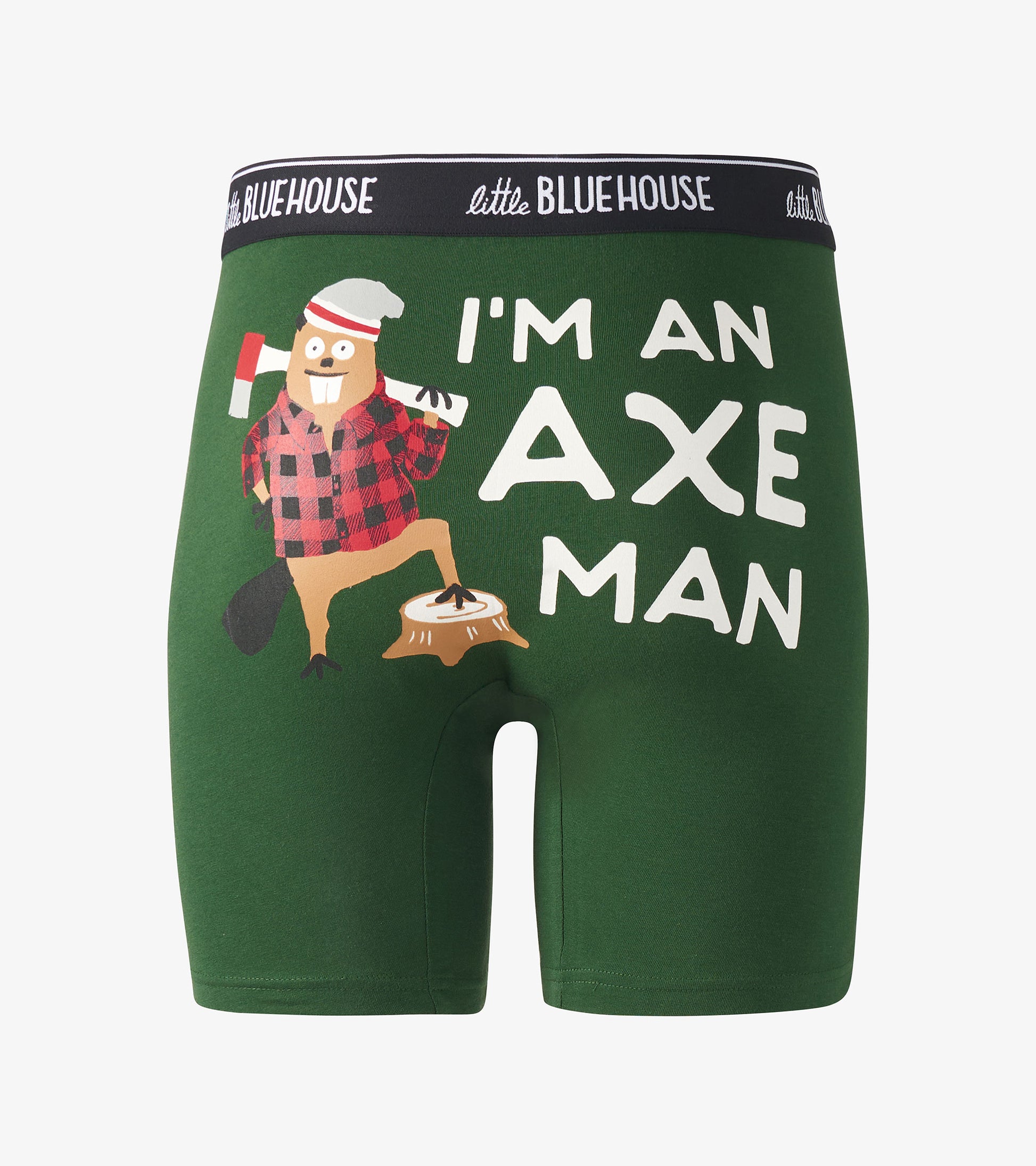 Green boxer briefs featuring a cartoon beaver in a flannel shirt with the text "I'M AN AXE MAN.
