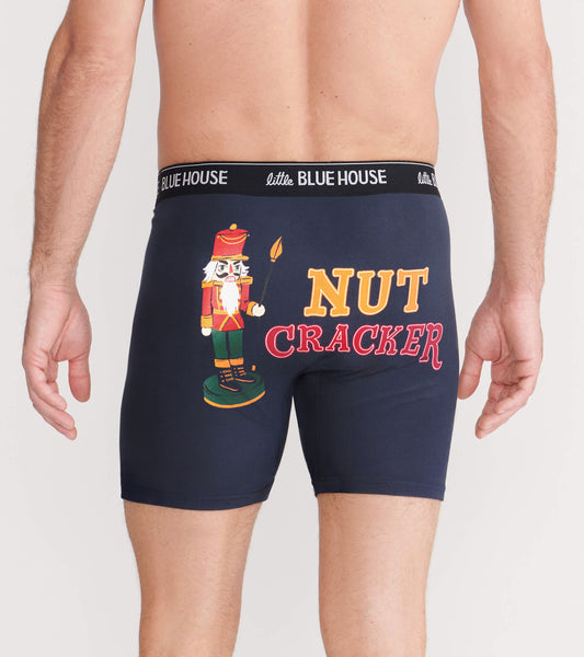 Navy boxer briefs featuring a nutcracker graphic and "NUT CRACKER" text on the back, with a comfortable waistband.