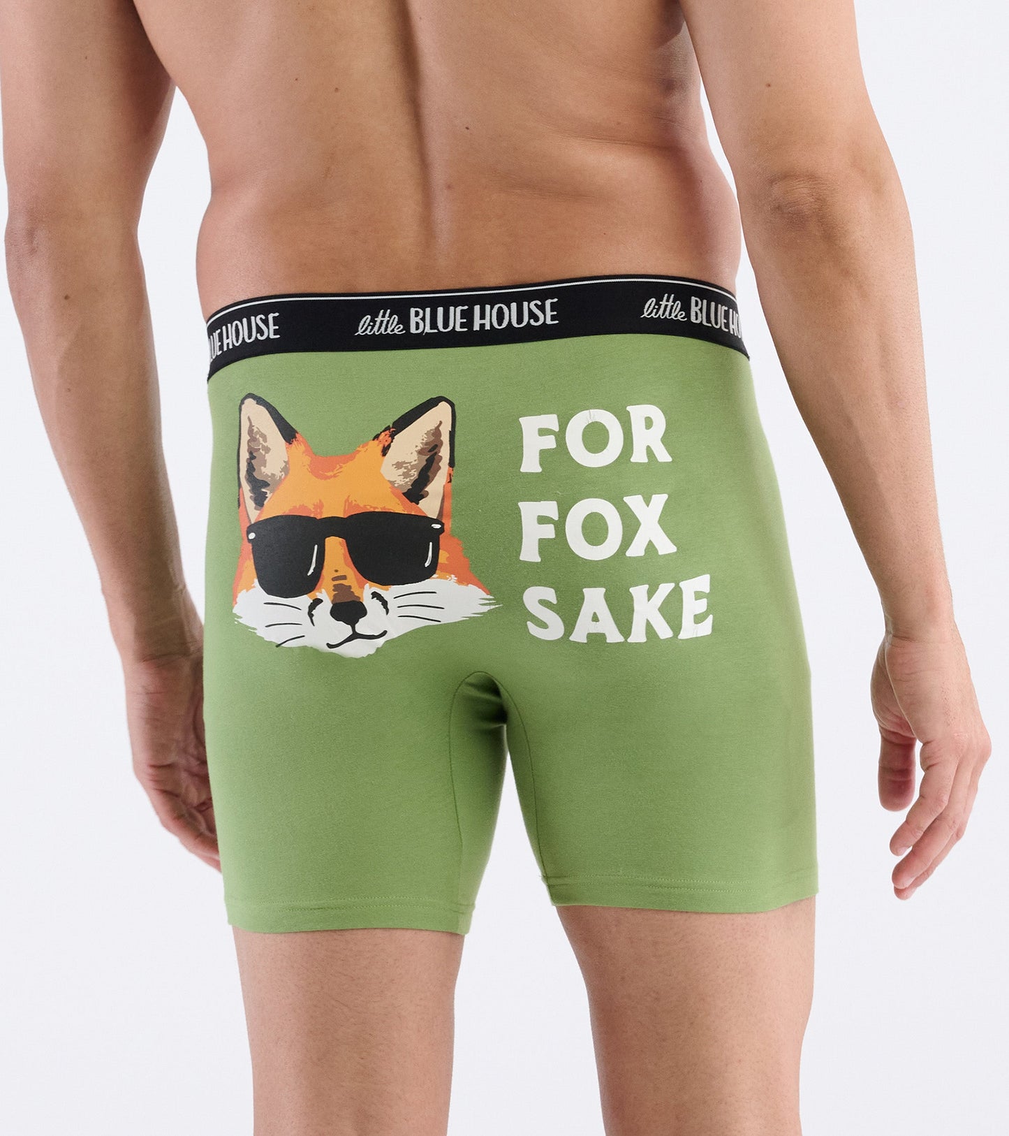Green boxer briefs featuring a fox graphic wearing sunglasses and the text "FOR FOX SAKE" on the back.
