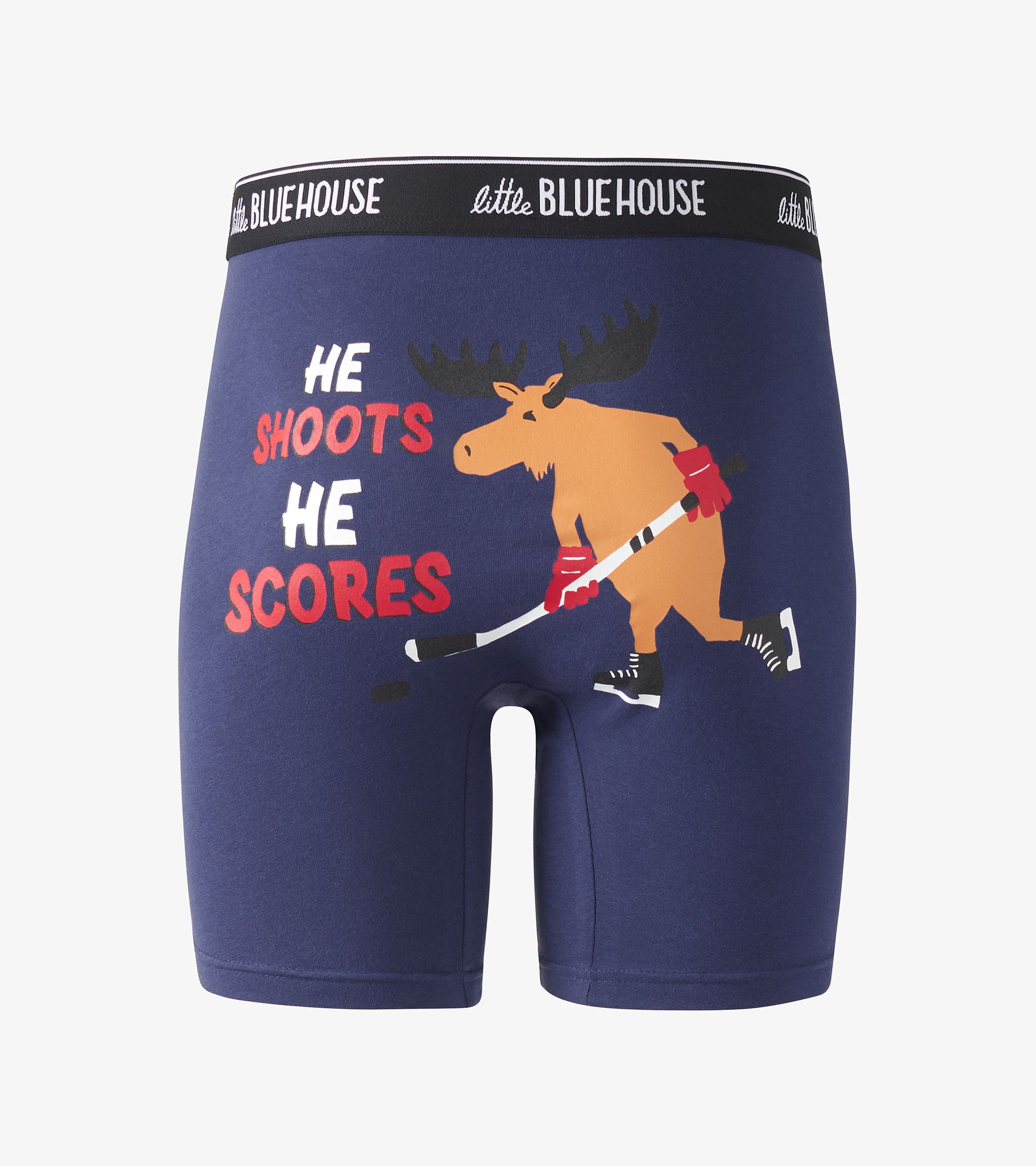 Navy boxer briefs featuring a moose playing hockey with the text "HE SHOOTS HE SCORES" in bold colors.