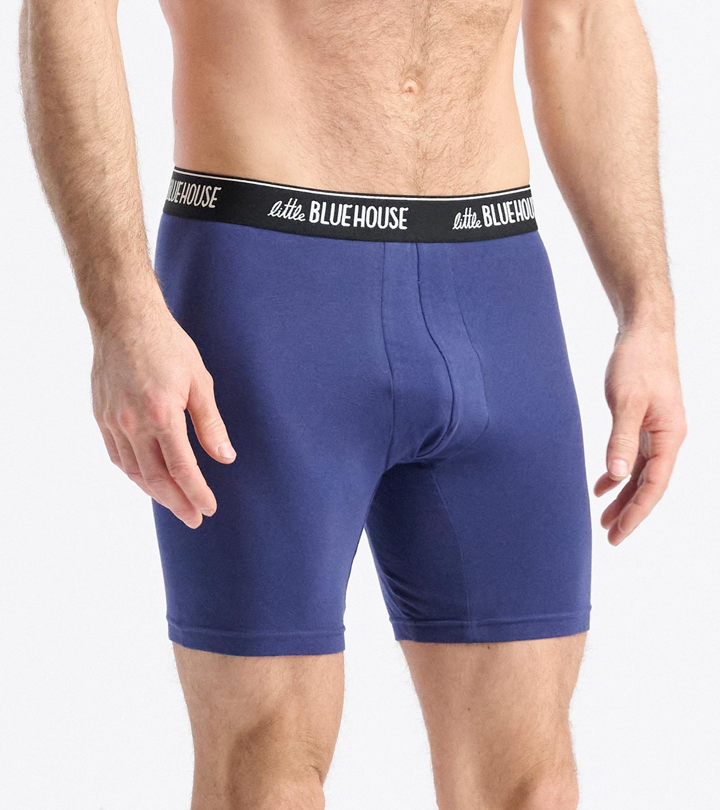 Navy blue boxer briefs with a black waistband, featuring a snug fit and soft fabric for comfort.