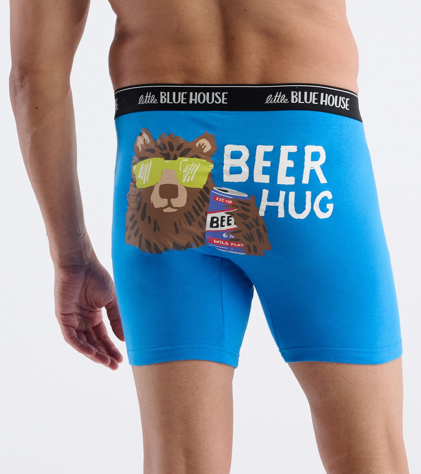Blue boxer briefs featuring a bear graphic with sunglasses and the text "BEER HUG" on the back.