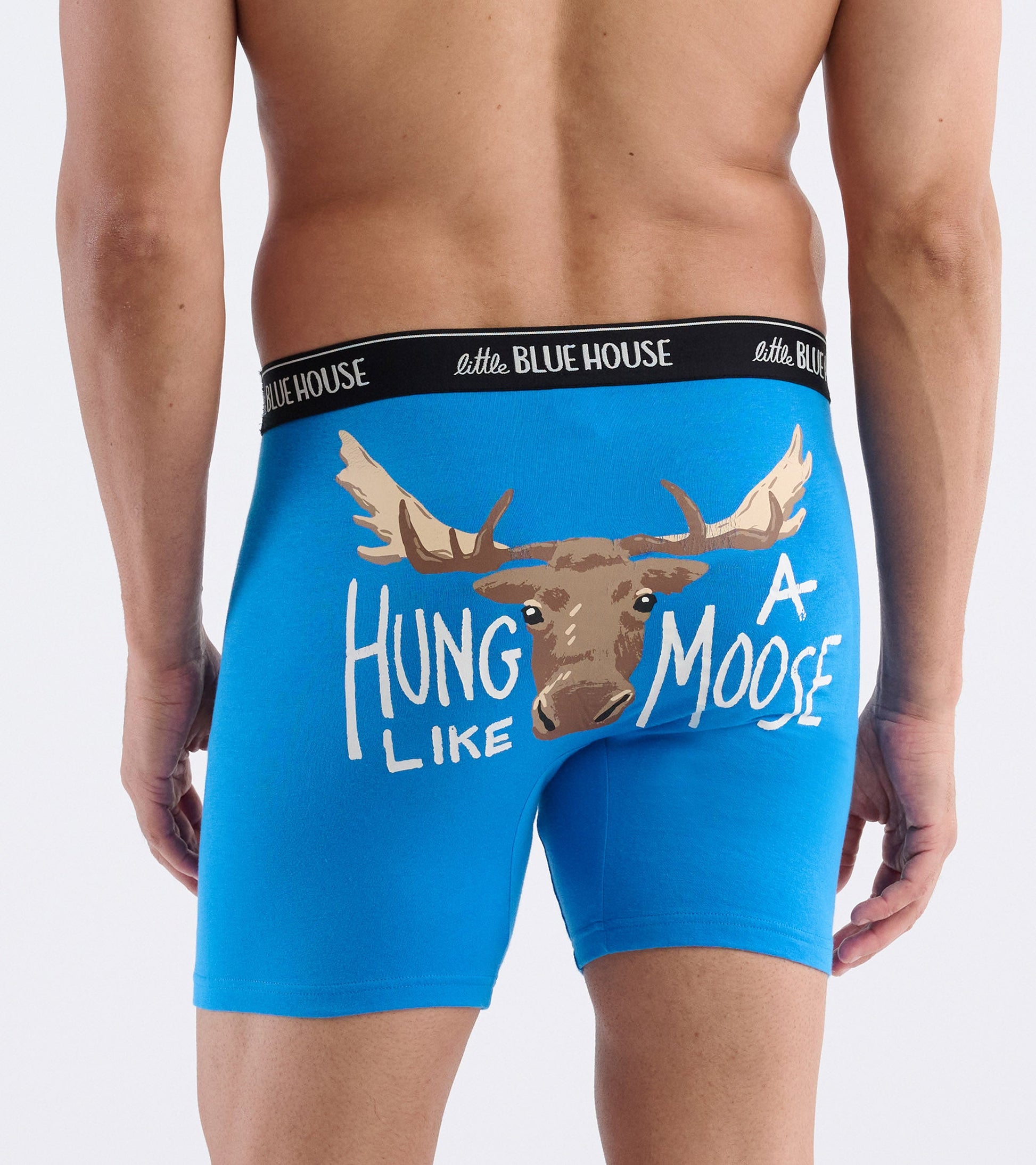 Blue boxer briefs featuring a moose graphic and the text "HUNG LIKE A MOOSE" on the back.