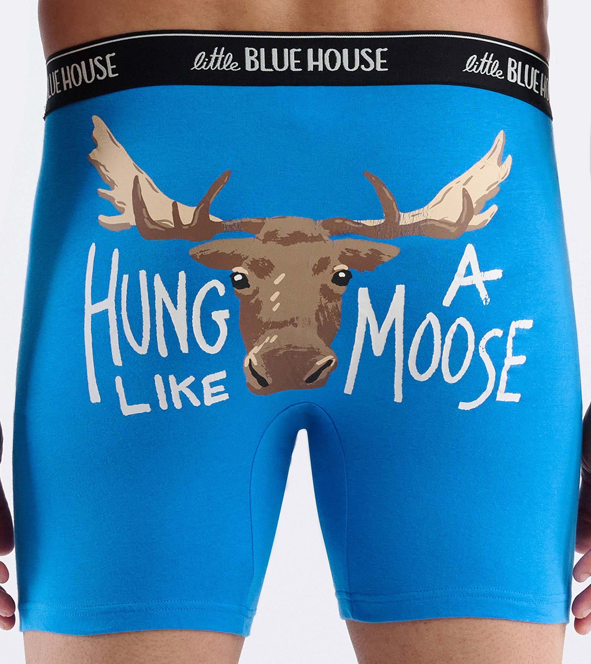 Blue boxer briefs featuring a moose graphic and playful text, made from soft, stretchy material.