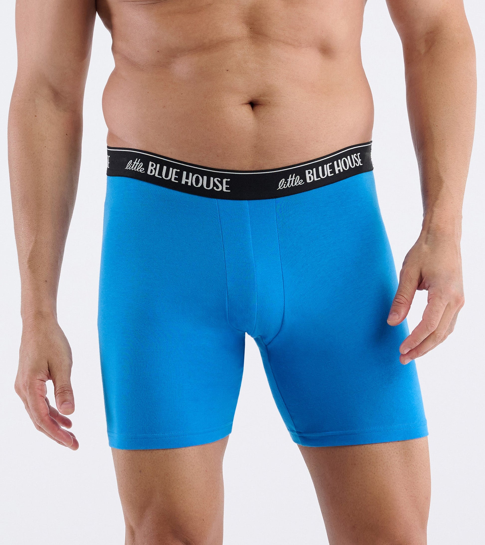 Blue boxer briefs with a black waistband, featuring a snug fit and soft material, shown from the front on a model.