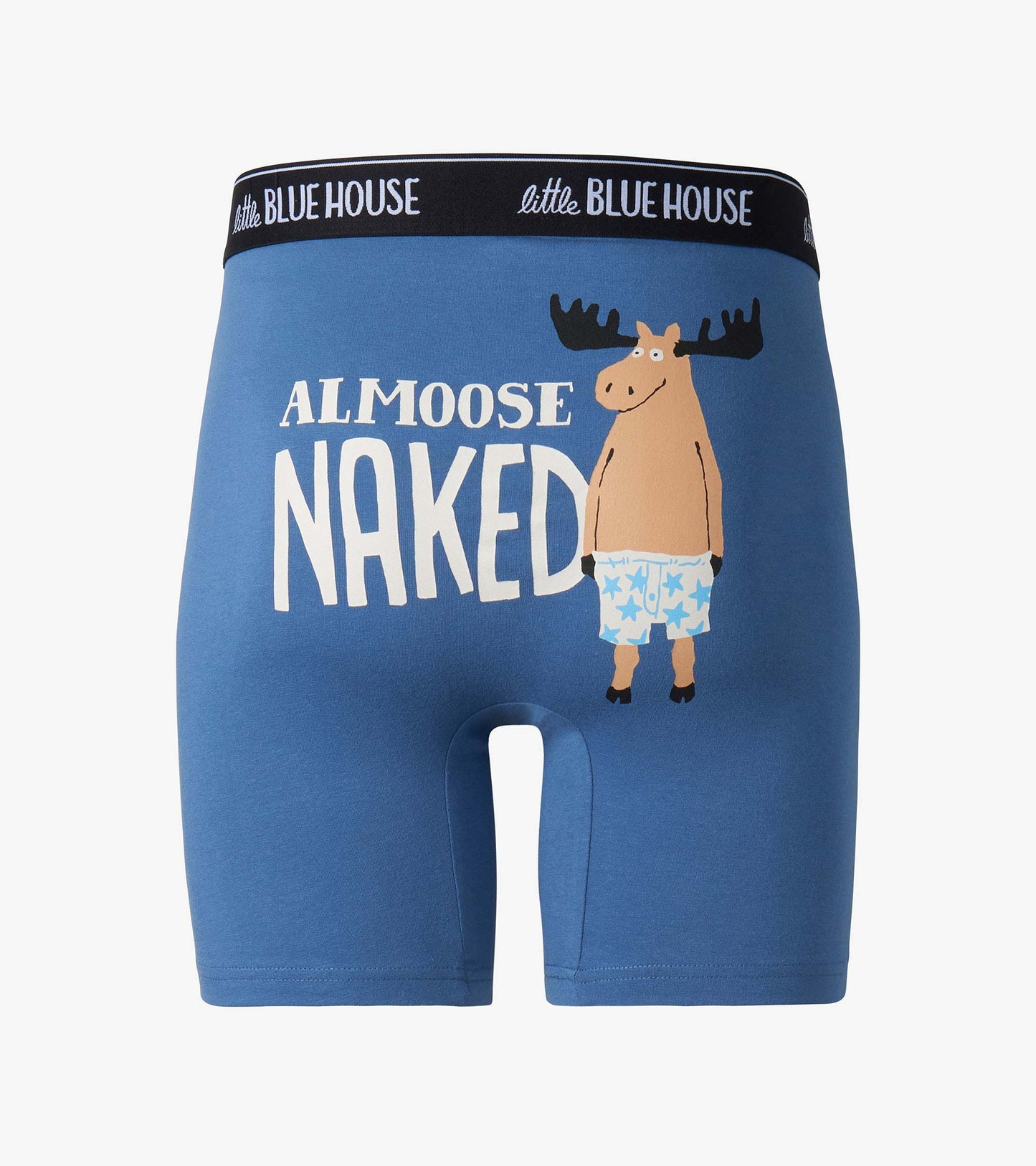 Blue boxer briefs with black waistband and moose graphic, front view