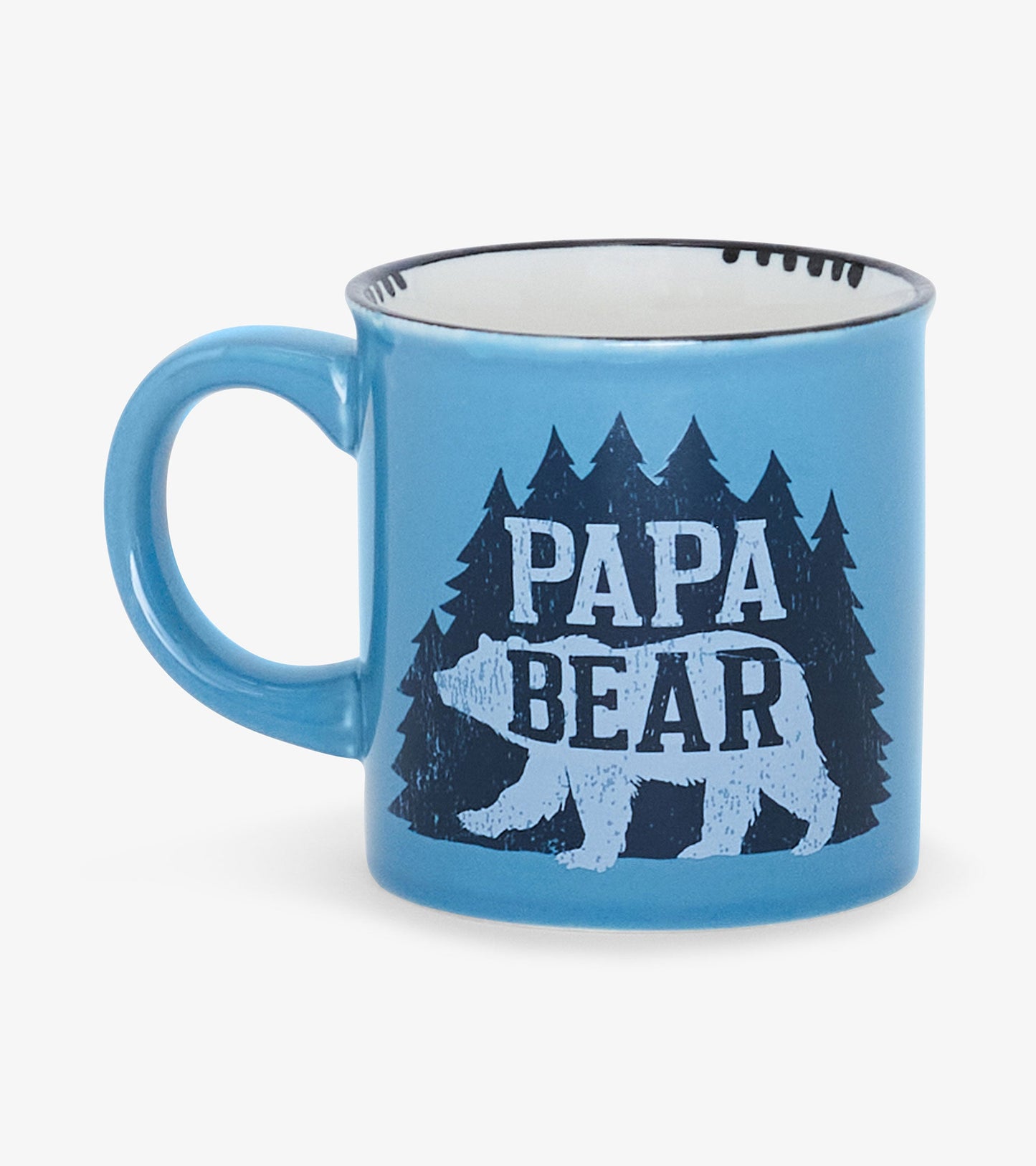 Blue ceramic camping mug featuring a bear graphic and "PAPA BEAR" text with a forest silhouette.