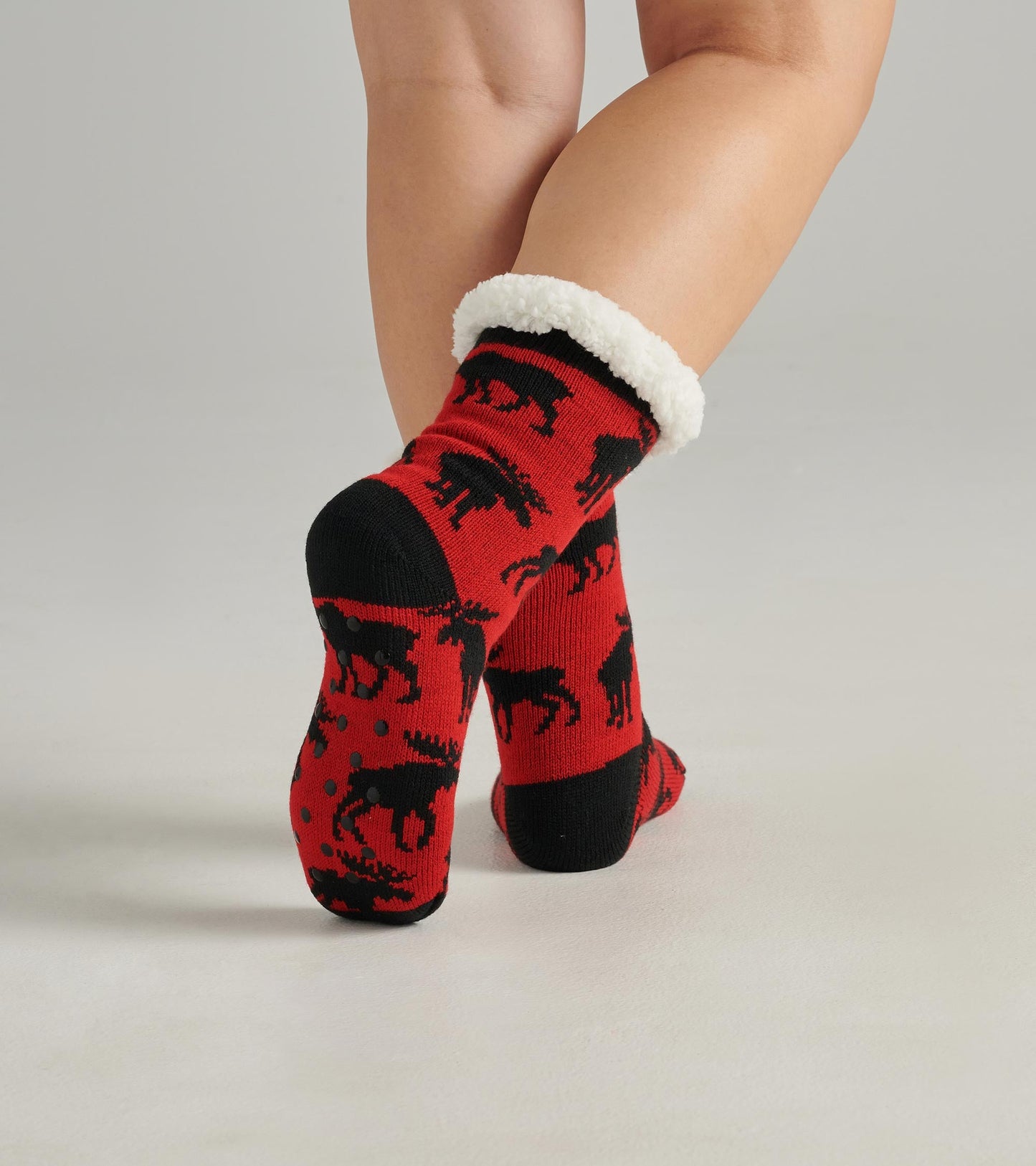 Moose On Red Women's Sherpa Lined Cabin Sock