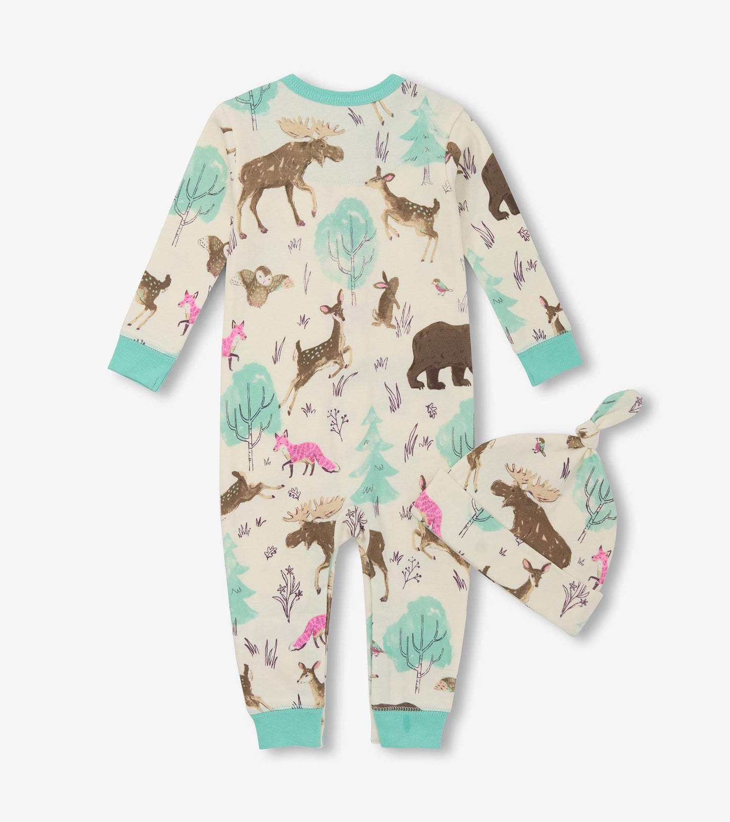 Cream-colored sleeper and matching hat featuring playful forest animal prints, with mint green cuffs and accents.