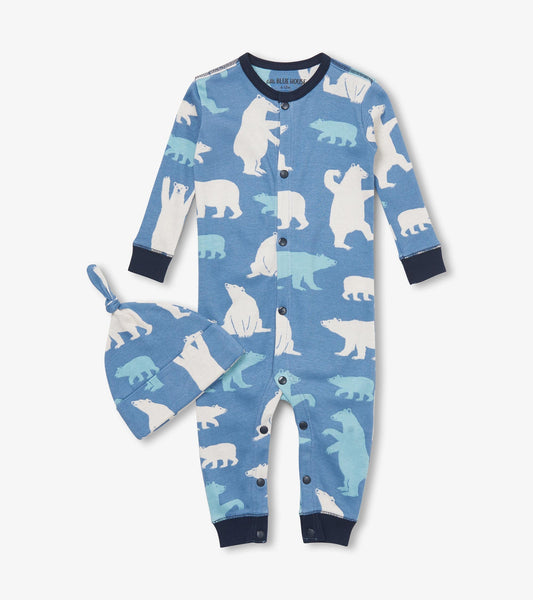 Baby blue sleeper and hat set featuring white and light blue polar bear patterns, designed for infants.