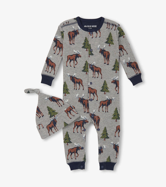 Gray sleeper with moose and tree pattern, featuring a matching hat, designed for baby boys in sizes 3-24 months.