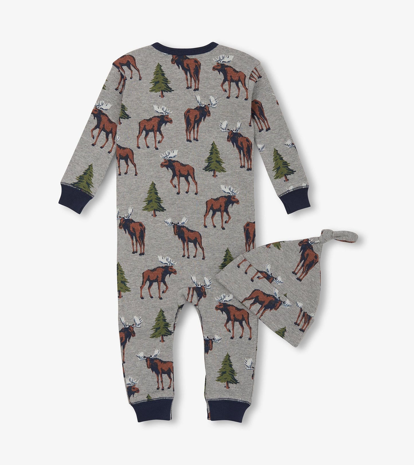 Gray sleeper with moose and tree pattern, featuring long sleeves and matching hat with a knot on top.