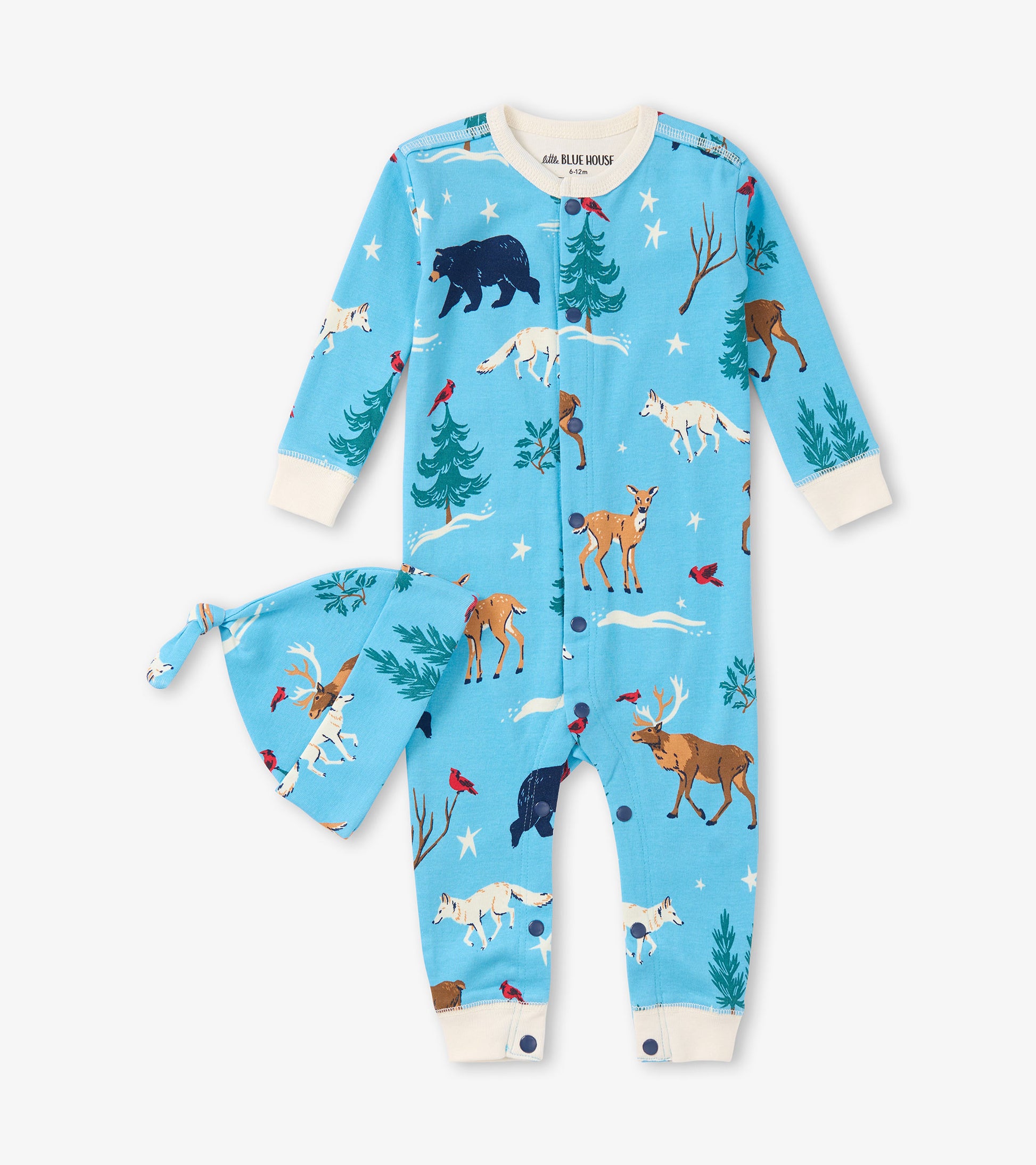 Blue long-sleeve sleeper with woodland animal print and matching hat, designed for infants.