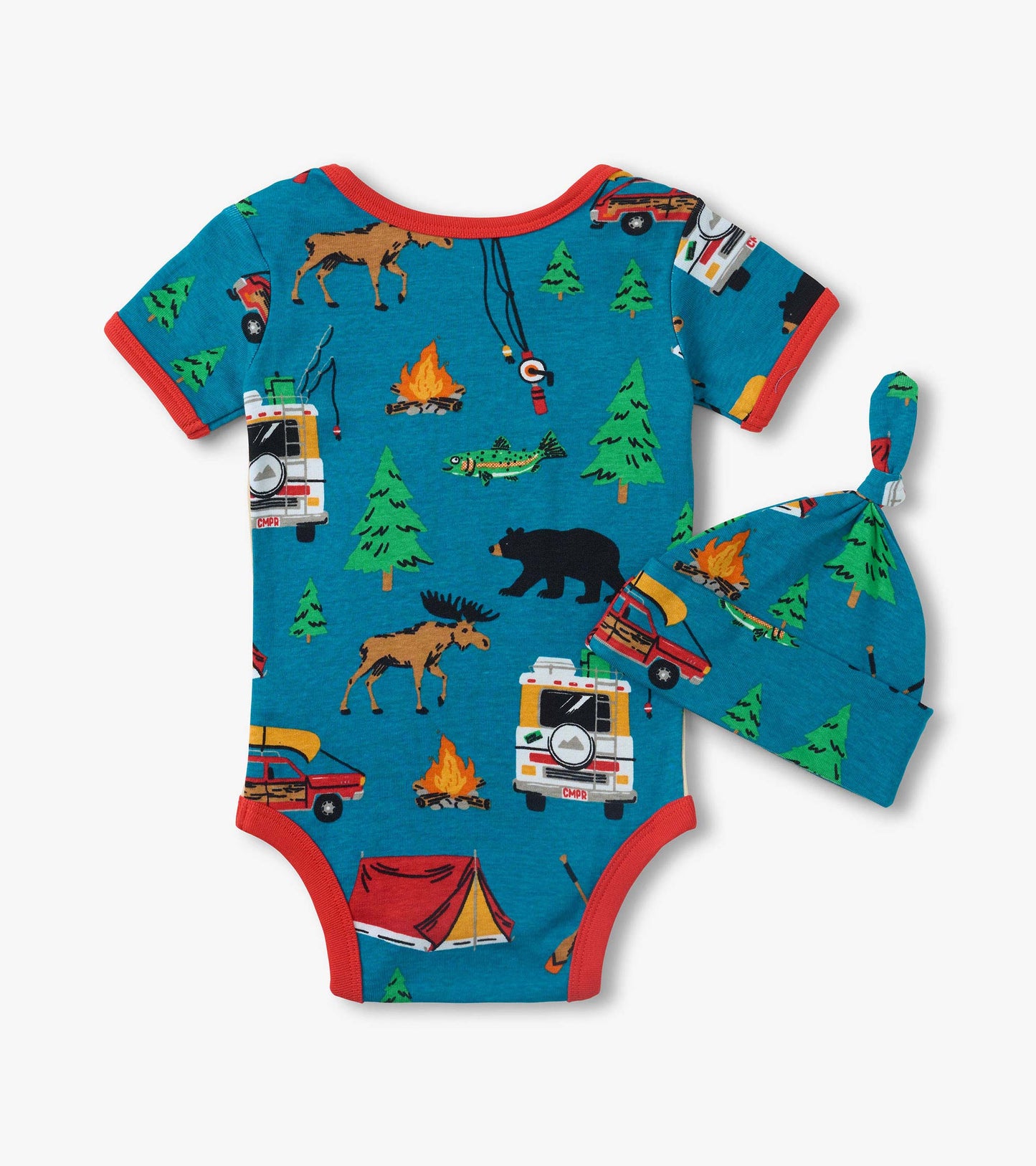 Blue baby bodysuit with red trim and camping print, shown with matching knotted hat