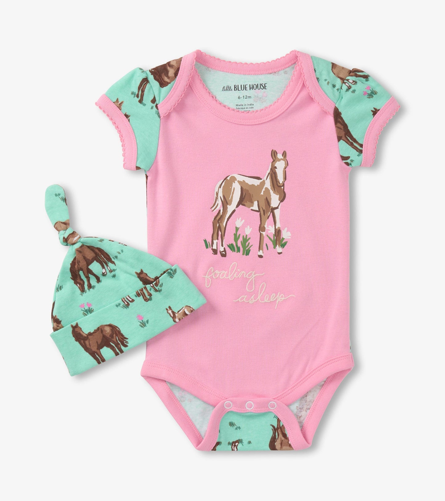 Pink bodysuit with horse graphic and mint green sleeves, paired with a matching hat featuring horse print.