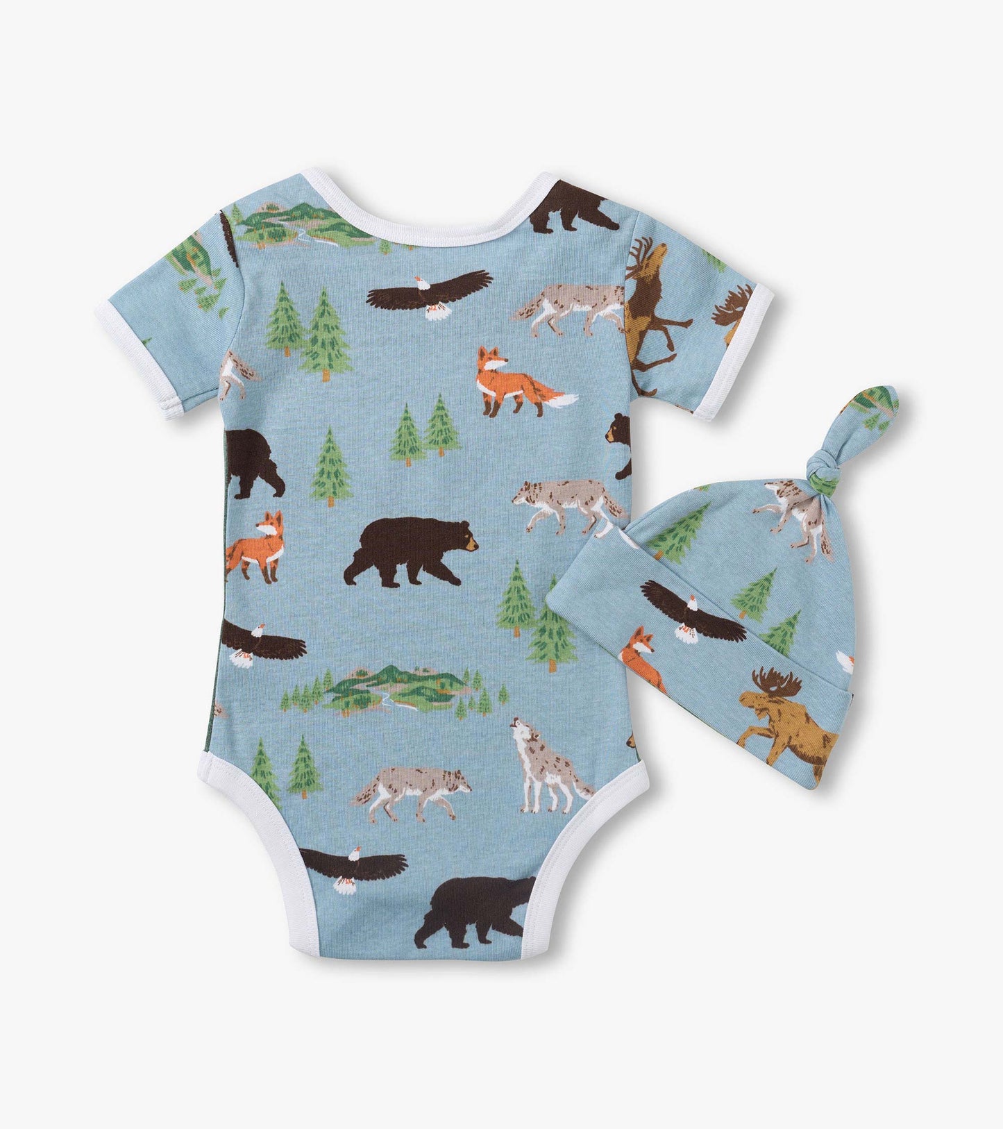 Light blue baby bodysuit and matching knotted hat with white trim and forest animal print.