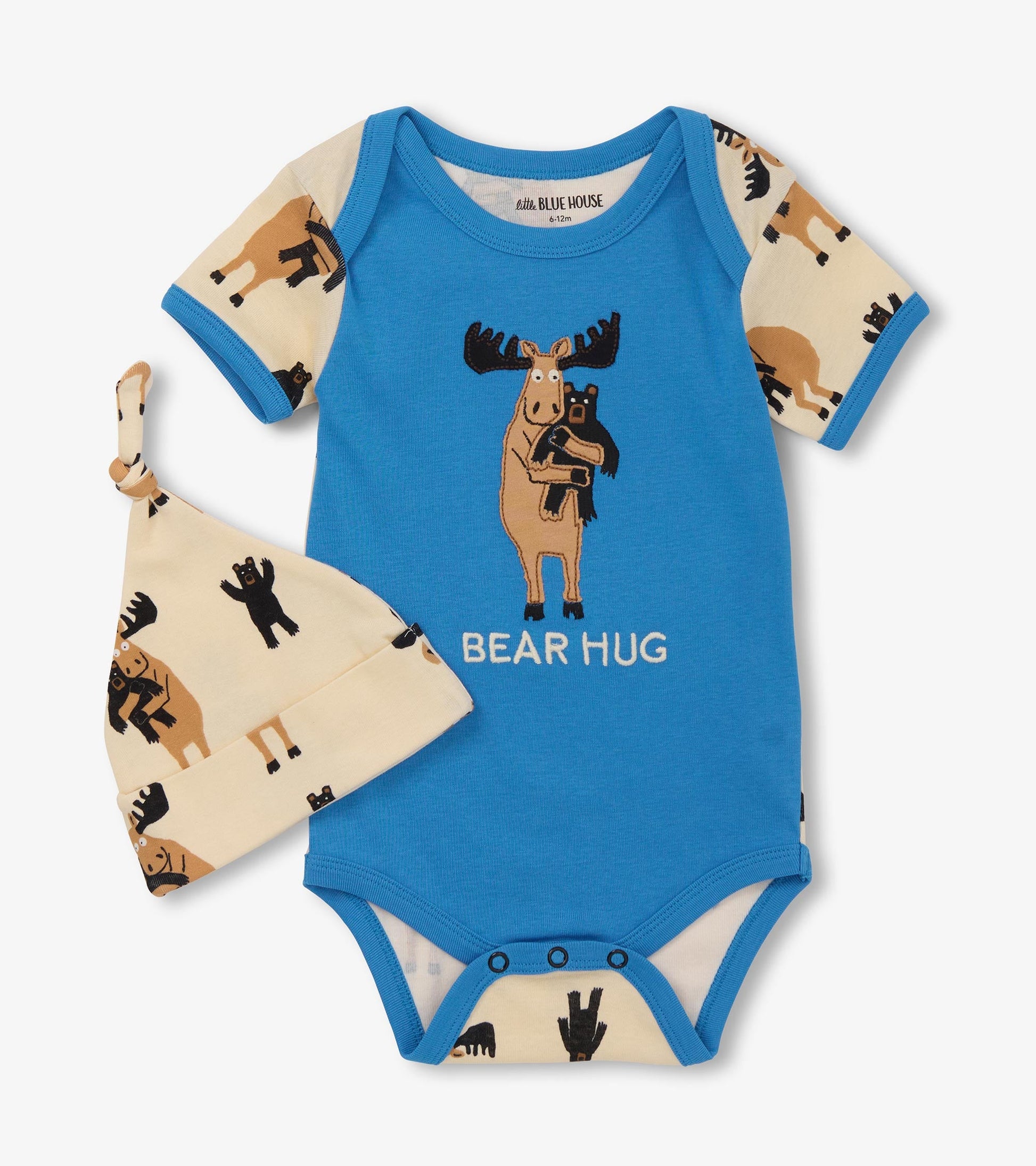 Blue bodysuit with moose graphic and "BEAR HUG" text, paired with a matching hat featuring bear and moose patterns.